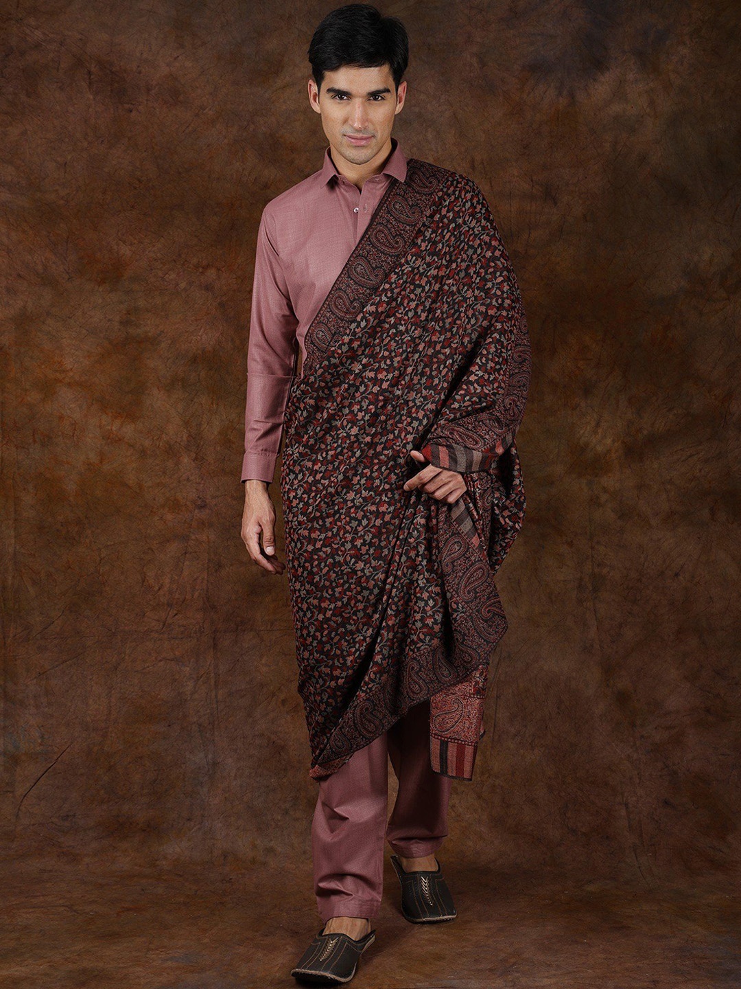 

Exotic India Black Onyx Wool Men's Kani Jamawar Flowers and Paiselys Woven Shawl