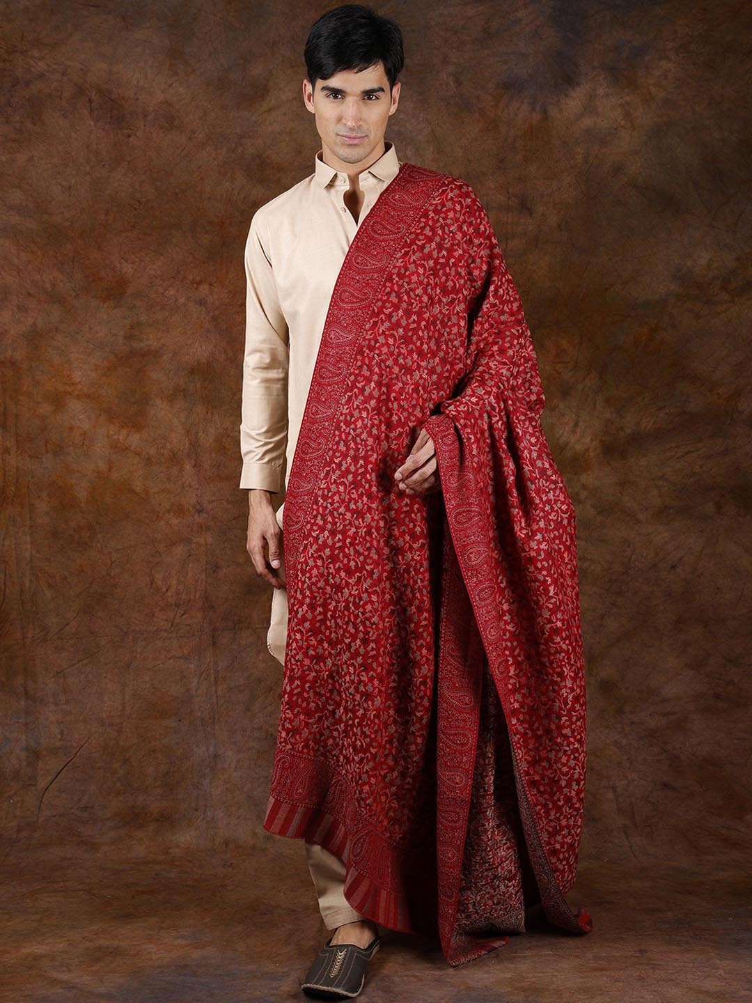 

Exotic India Chili Pepper Wool Men's Kani Jamawar Flower and Paisely Woven Shawl, Red