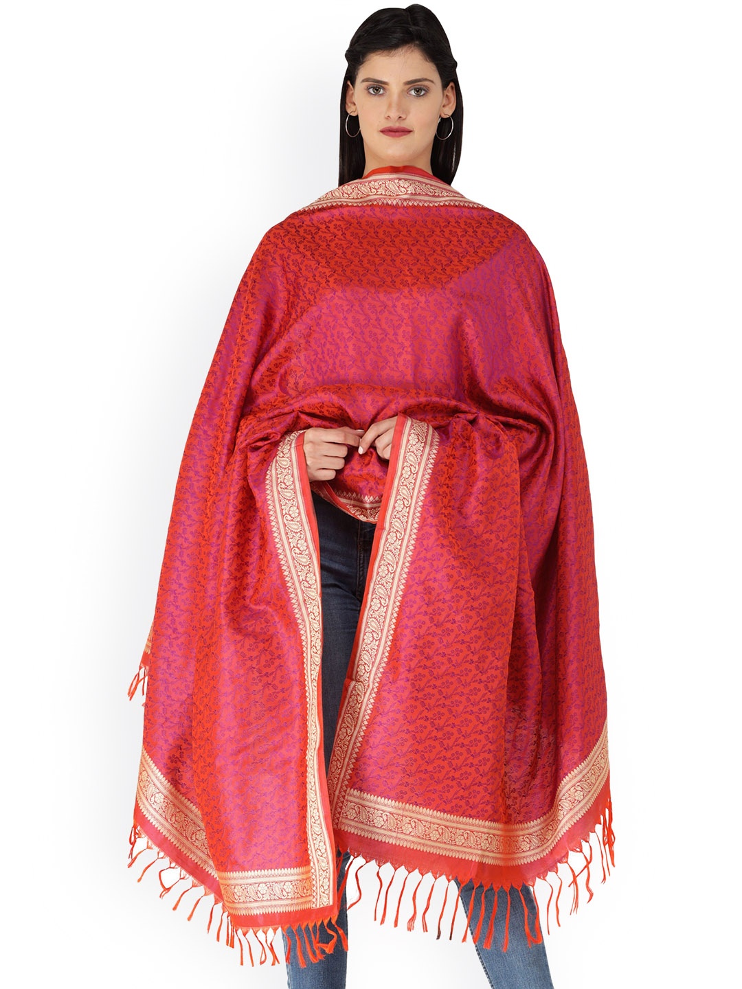 

Exotic India Spice Route Hand-Woven Pure Silk Tanchoi Weave Banarasi Shawl, Pink