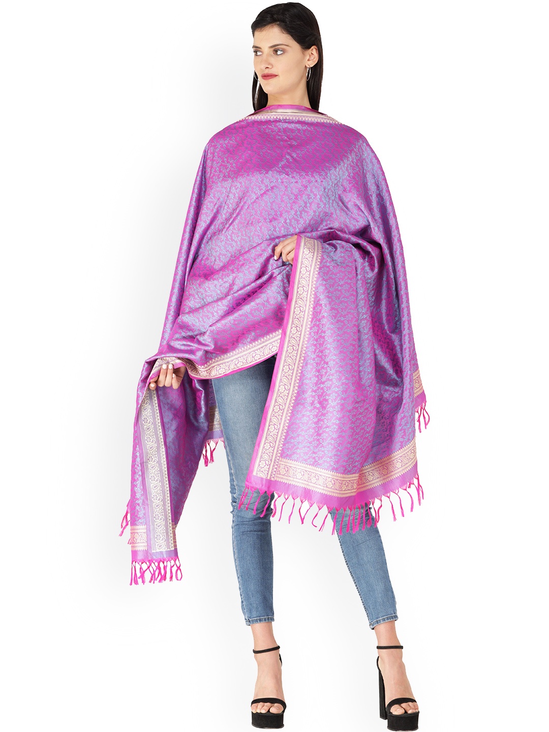 

Exotic India Iris Orchid Hand-Woven Pure Silk Tanchoi Weave Banarasi Shawl, Purple