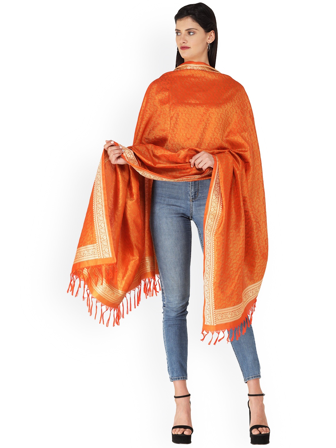 

Exotic India Ethnic Motifs Woven Design Banarasi Shawl, Orange