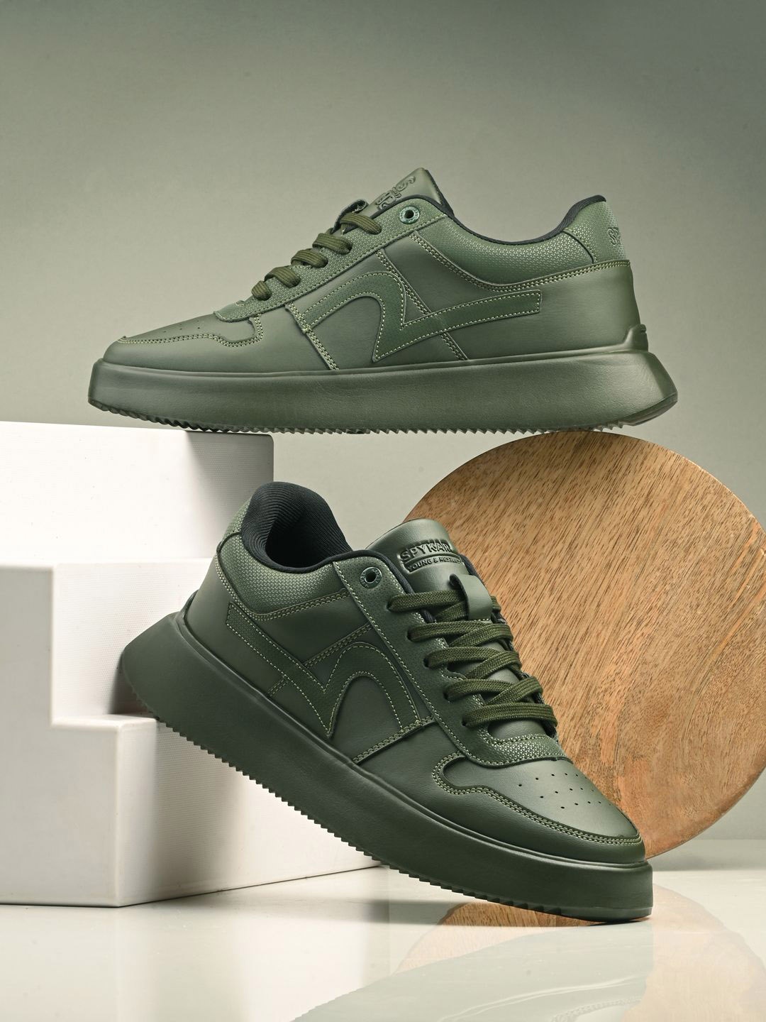 

SPYKAR Men PU Round Toe Lace ups Smart Casual Sneakers, Olive