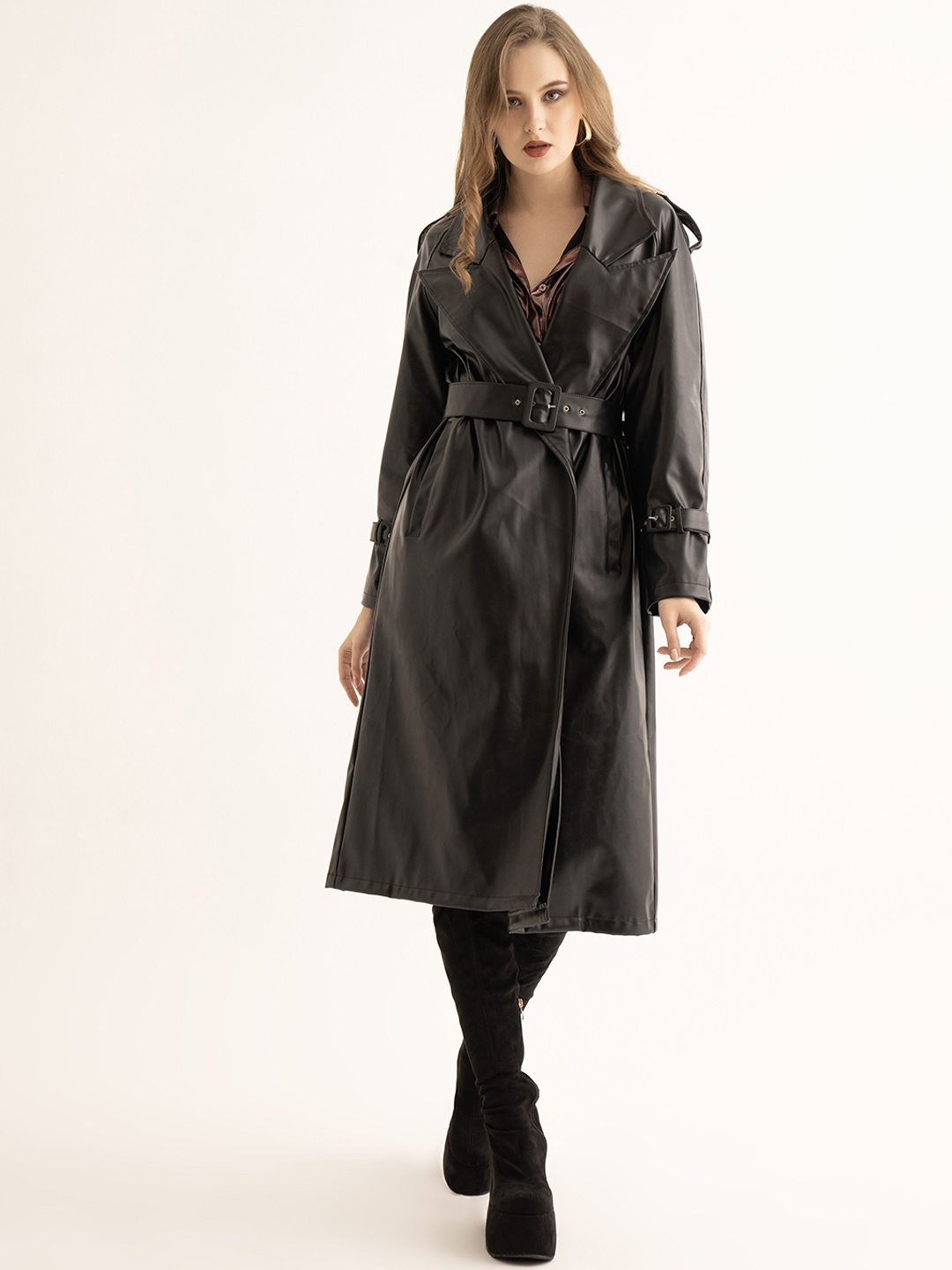 

TORQADORN Leather Long Trench OverCoat, Black