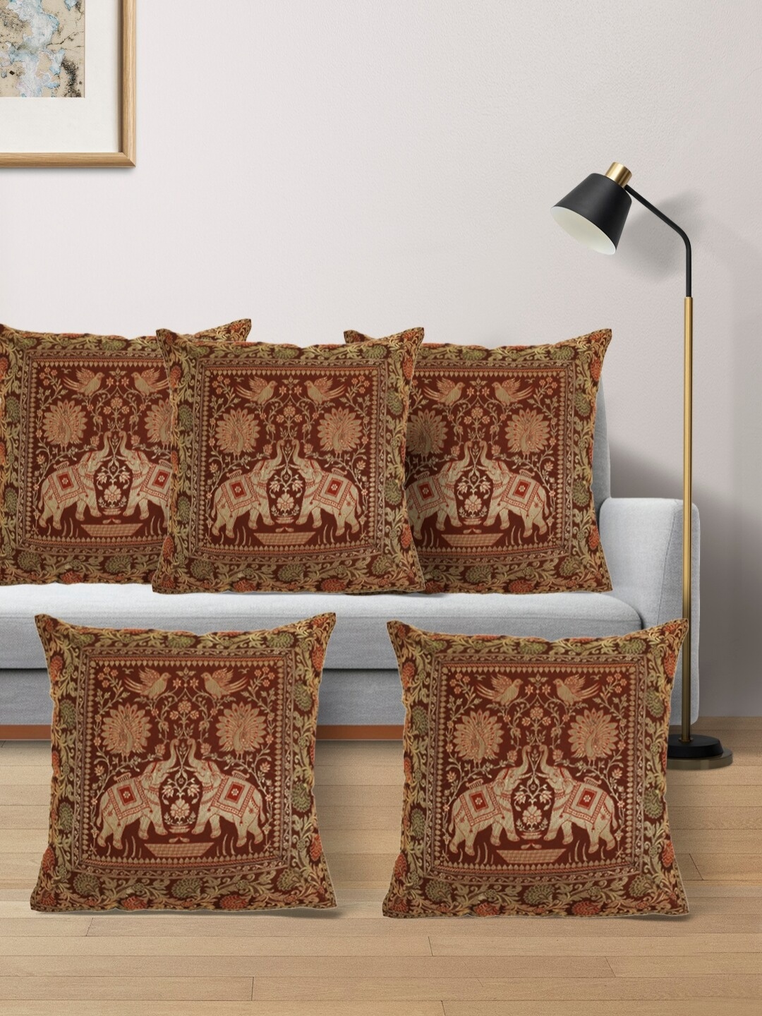 

YWULY Red & Gold-Toned 5 Pieces Self Design Square Cushion Covers