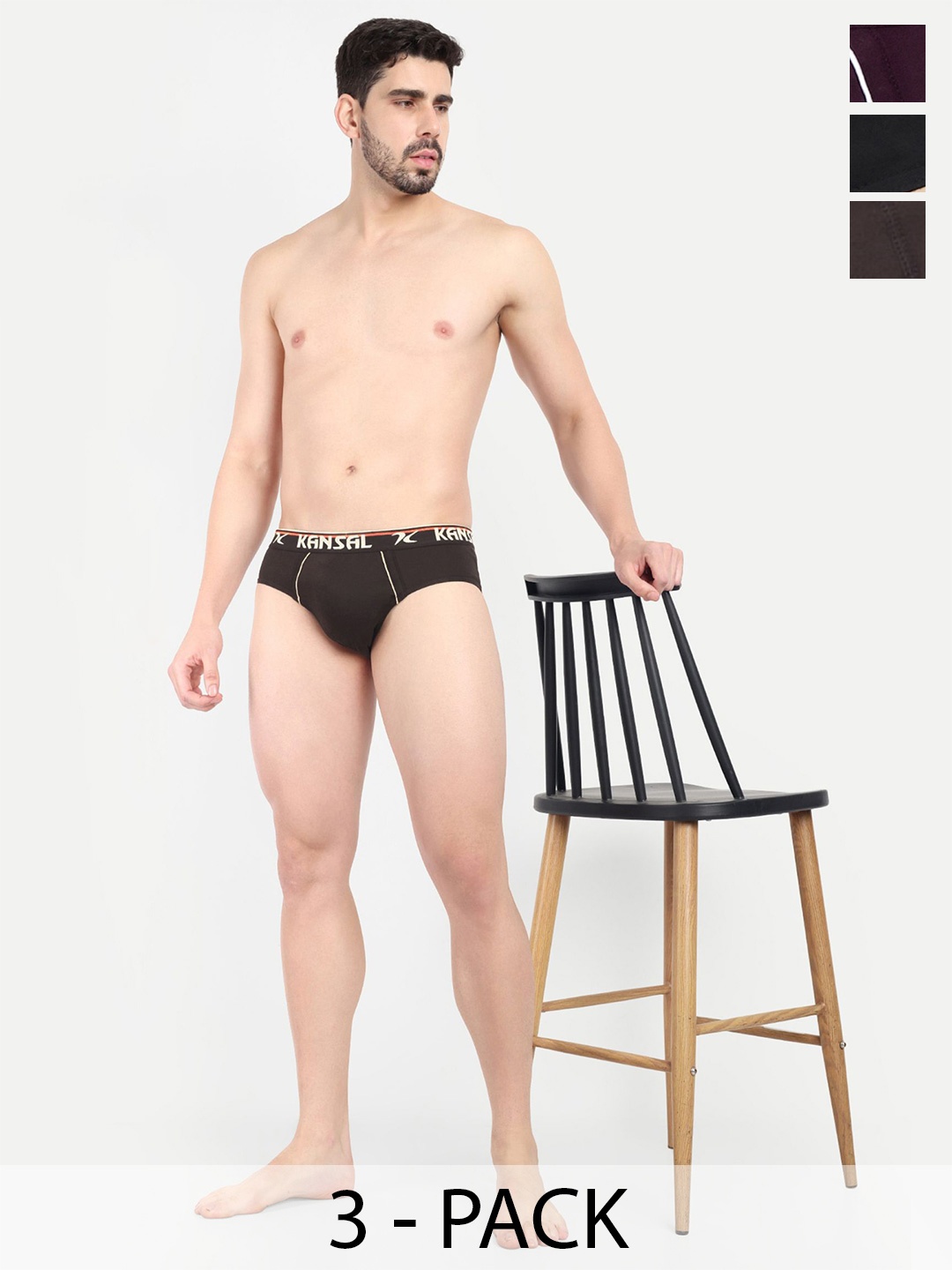 

KANSAL Pack Of 3 Low_Rise Cotton Basic Briefs 2.CUT_1062_P3_CMB, Coffee brown
