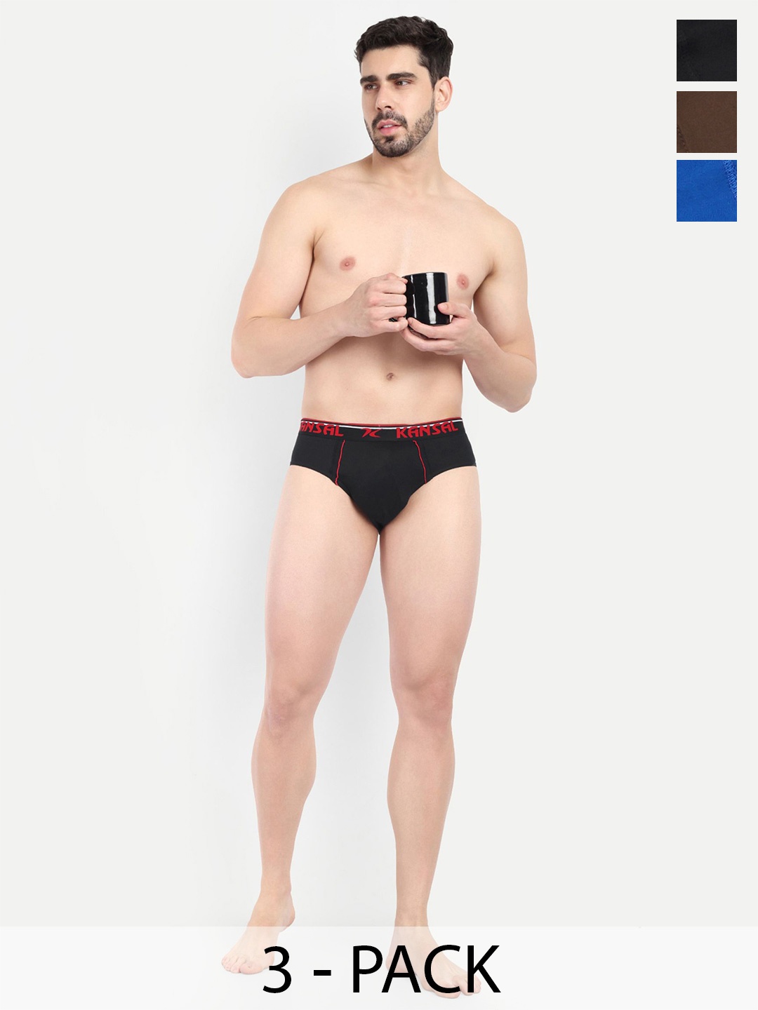

KANSAL Men Pack Of 3 Cotton Basic Briefs, Black