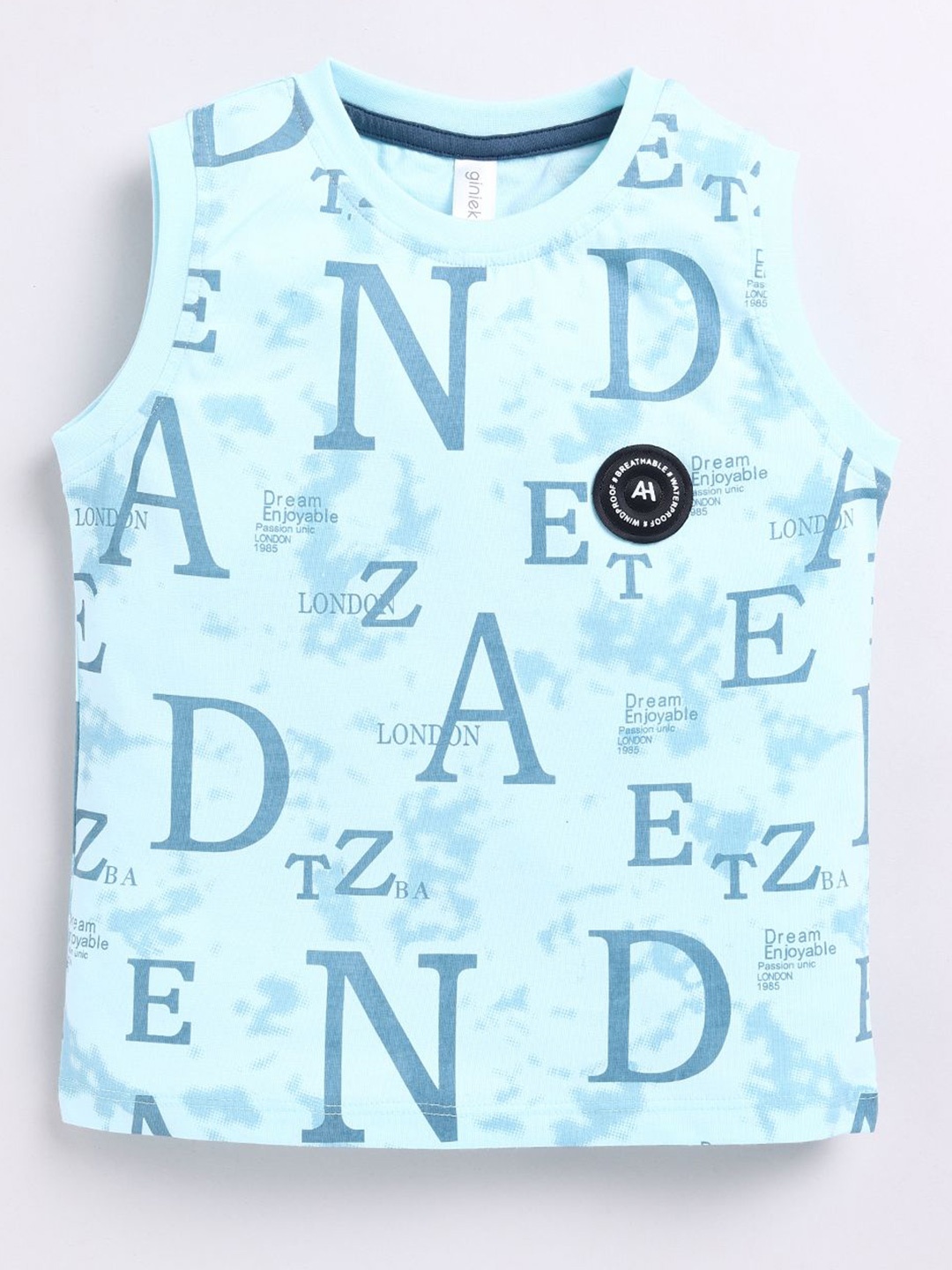 Ginie Boys Typography Printed Cotton Sleeveless T-shirt, Blue