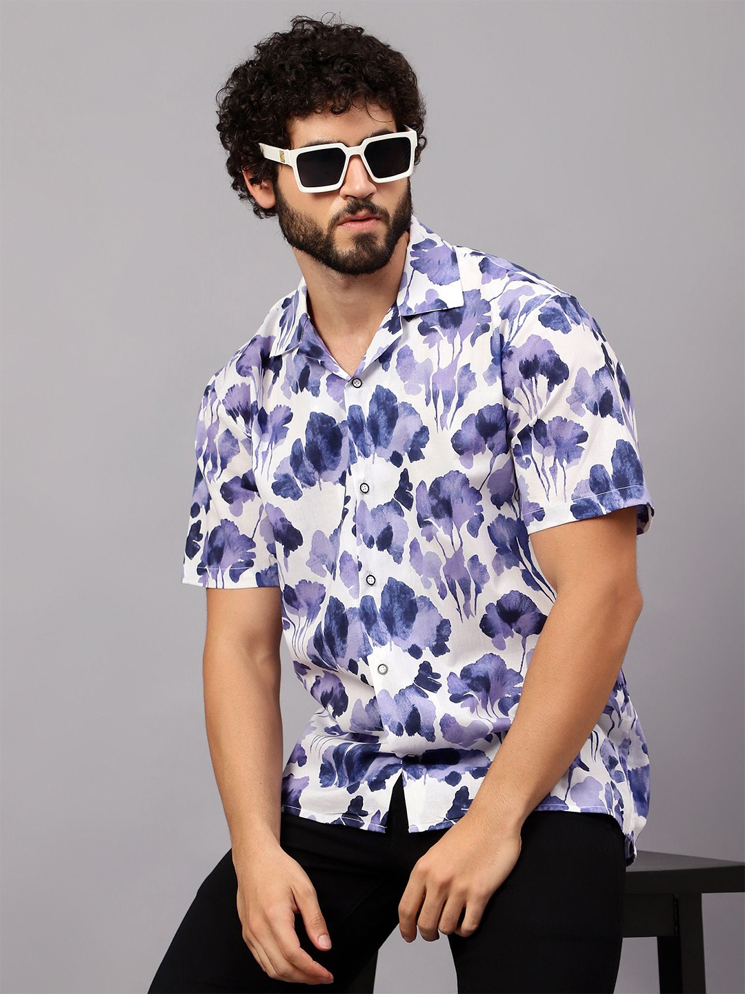 

Peach & Lemonade Classic Abstract Printed Cuban Collar Shirt, White