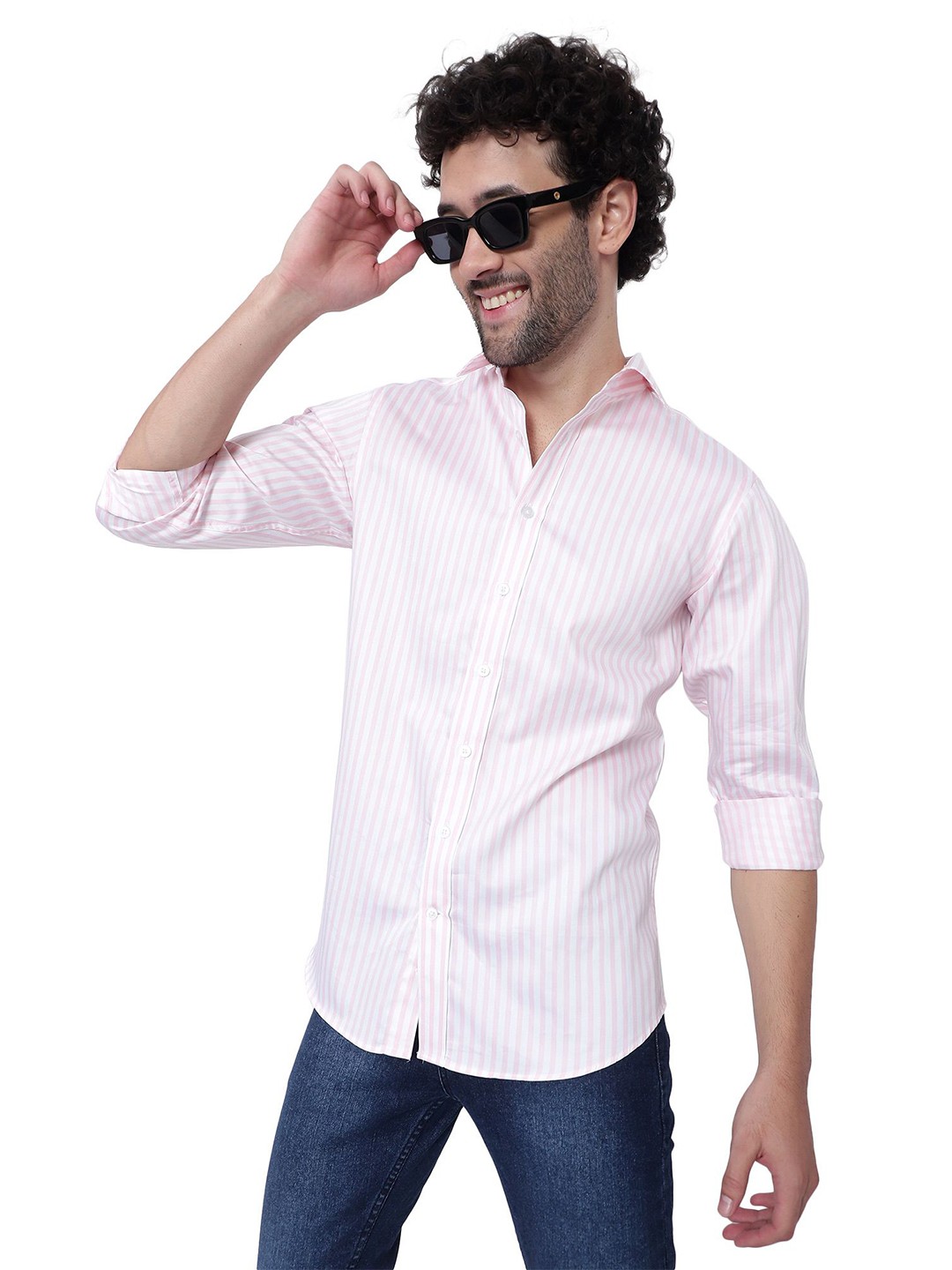 

Peach & Lemonade Premium Slim Fit Pinstripes Opaque Striped Cotton Shirt, Pink