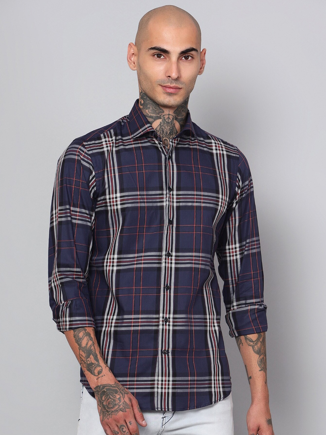 

Peach & Lemonade Premium Slim Fit Tartan Checks Opaque Checked Cotton Casual Shirt, Blue