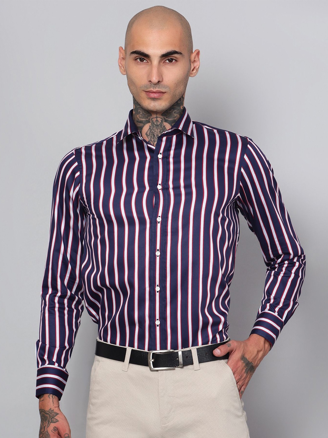 

Peach & Lemonade Premium Slim Fit Opaque Striped Cotton Casual Shirt, Purple
