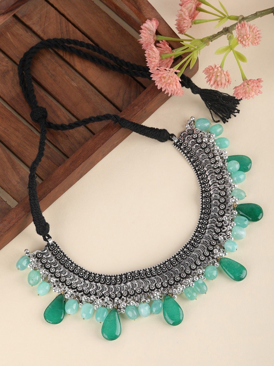 

Sangria Green Silver-Plated Oxidised Necklace