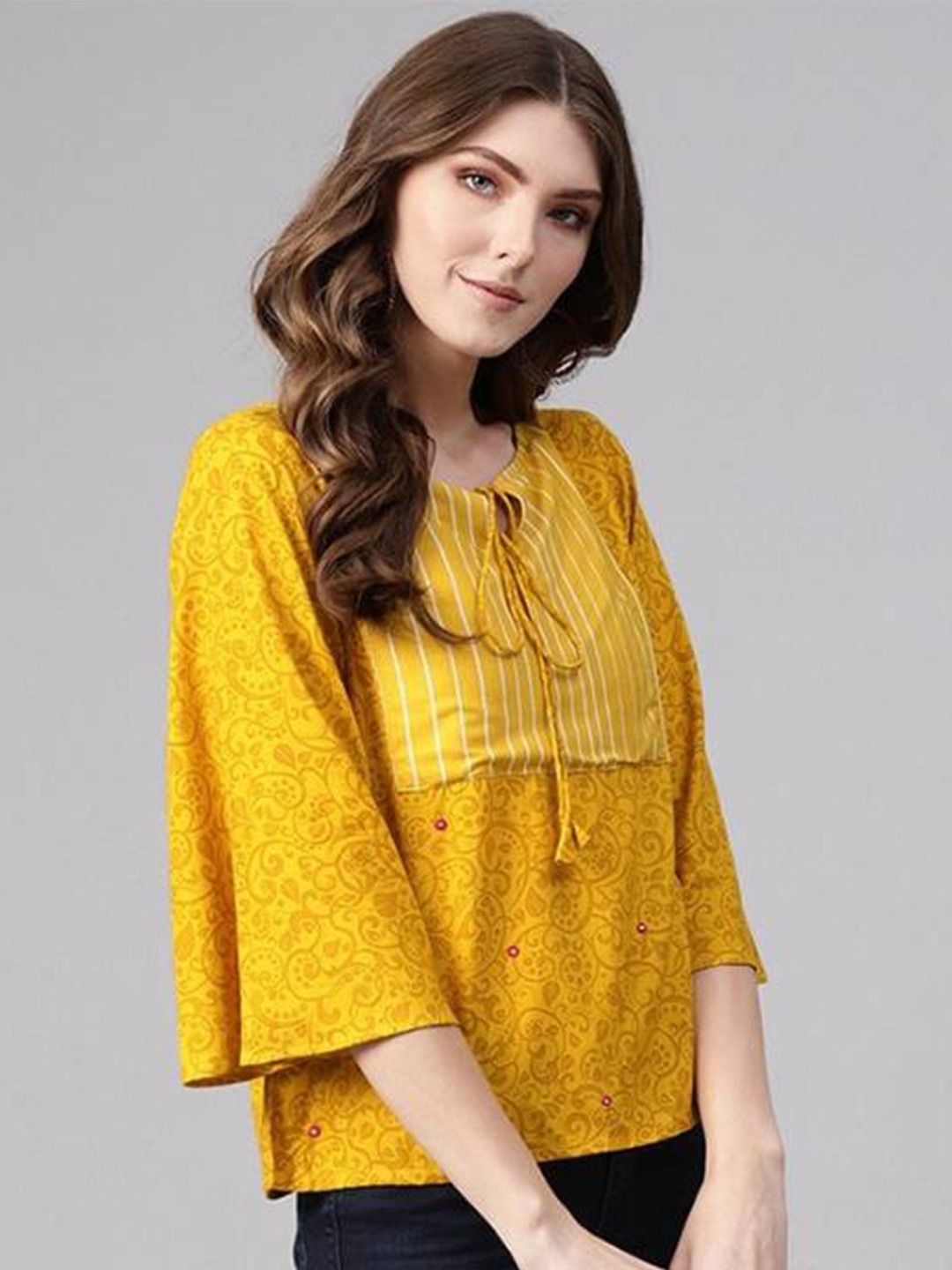 

Pannkh Tie-Up Neck Flared Sleeves Top, Mustard
