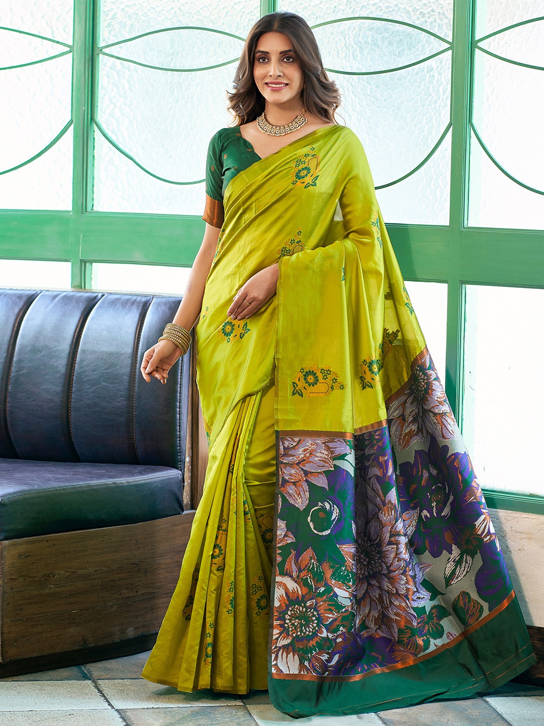 

Mitera Woven Design Dyed & Embroidery Banarasi Saree, Lime green