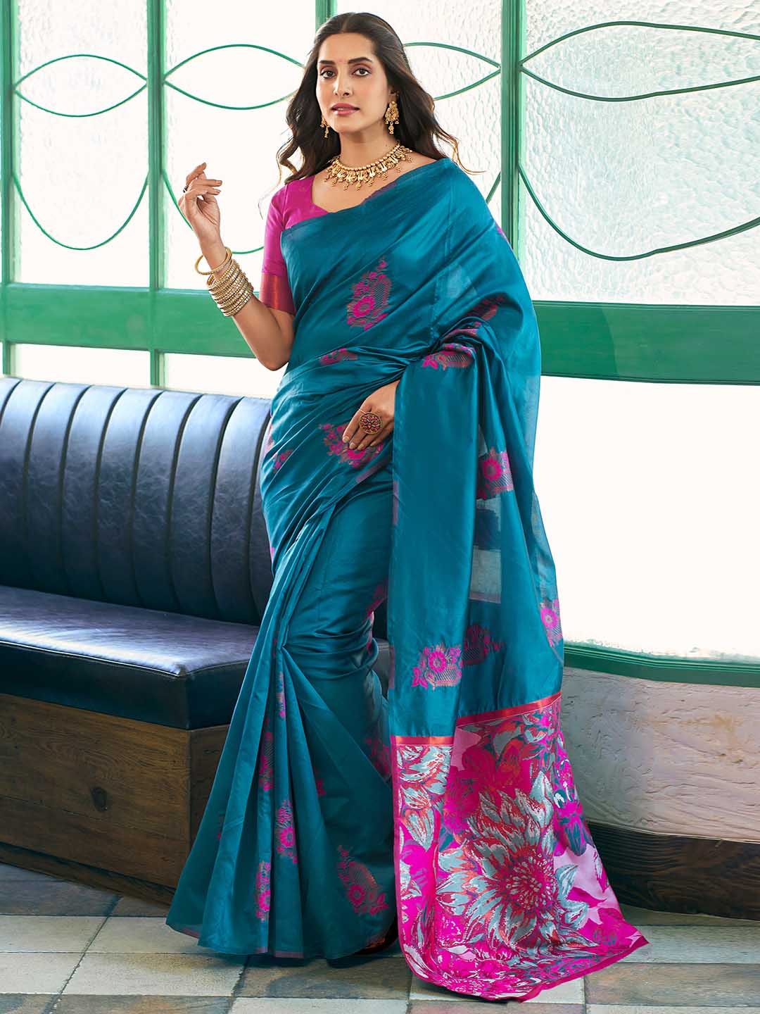 

Mitera Woven Design Banarasi Saree, Teal