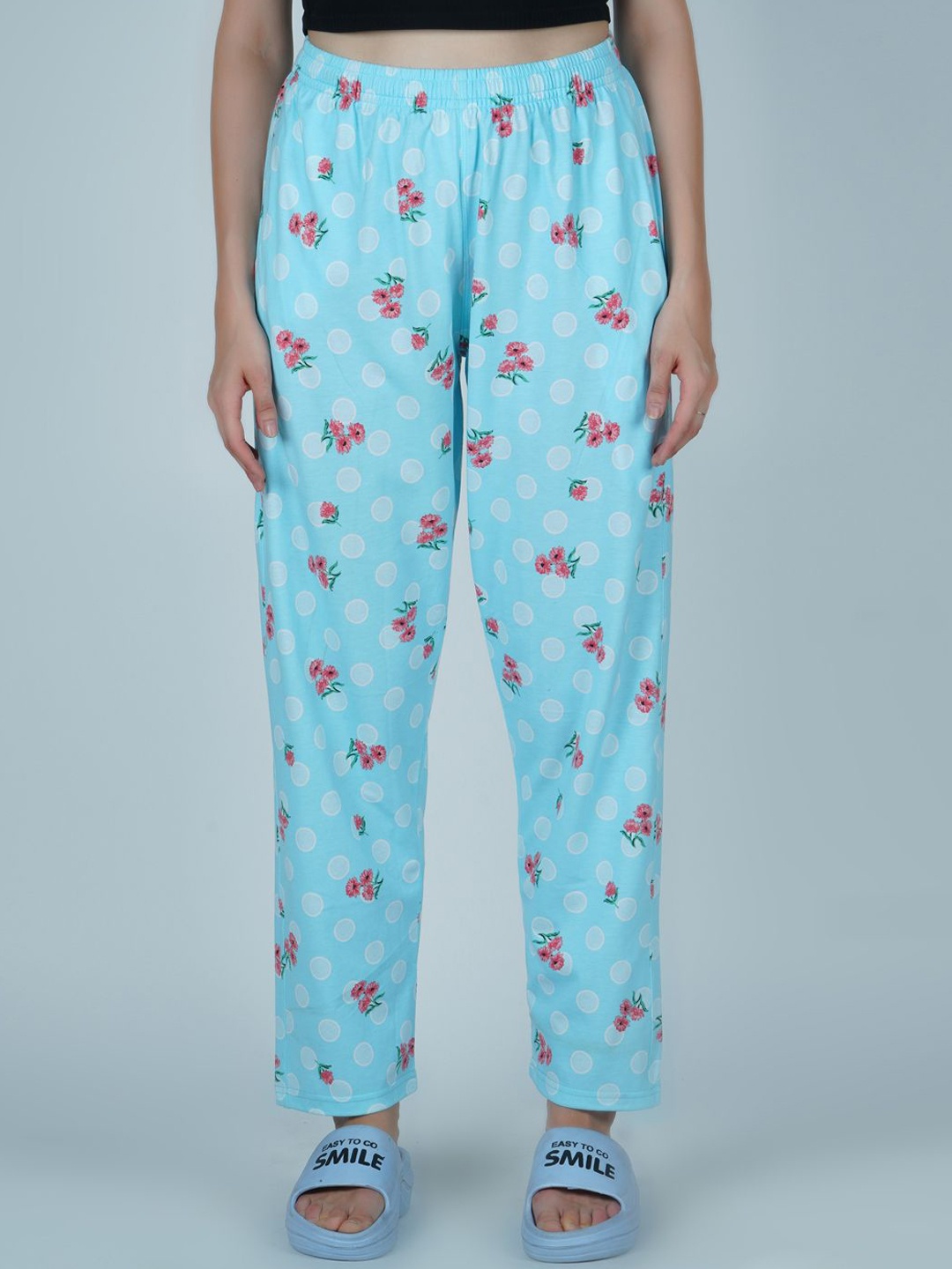 

SHYAM SONS FLAIR Women Printed Pure Cotton Relaxed Fit Lounge Pants, Turquoise blue