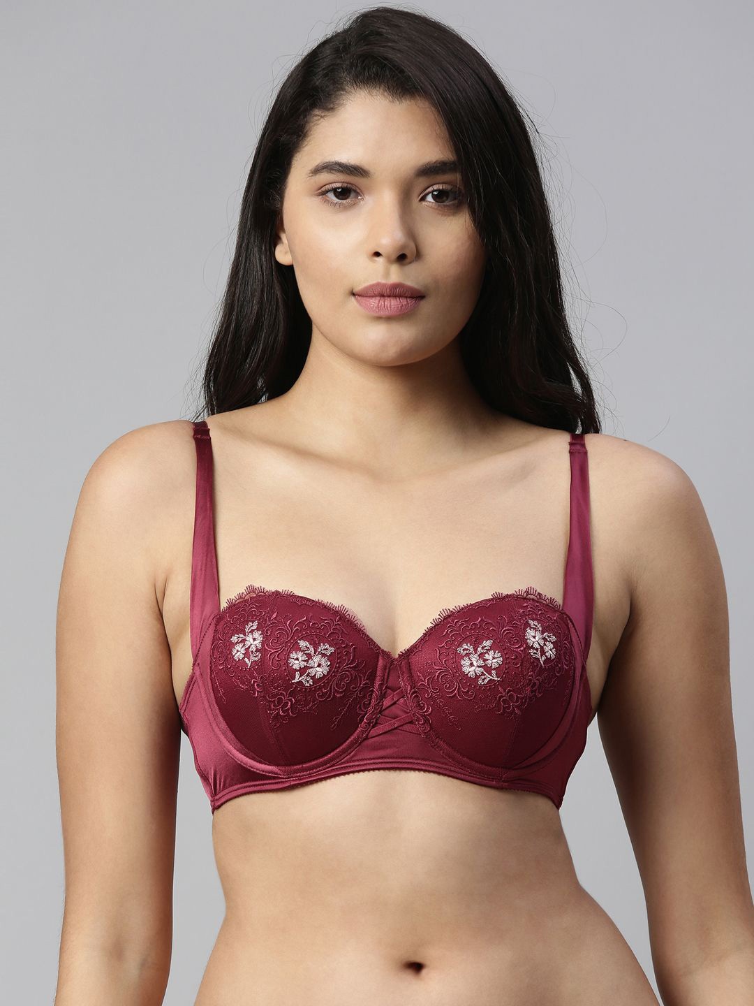 

Enamor Floral Self Design Medium Coverage Balconette Bra with All Day Comfort, Maroon