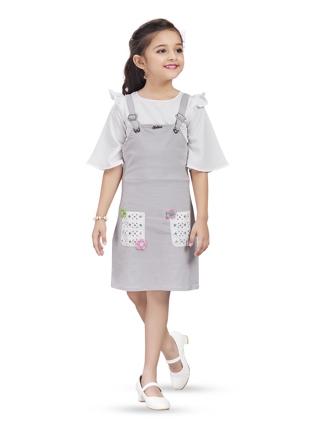 

Wish Karo Shoulder Straps Crepe Pinafore Dress With Top, Grey