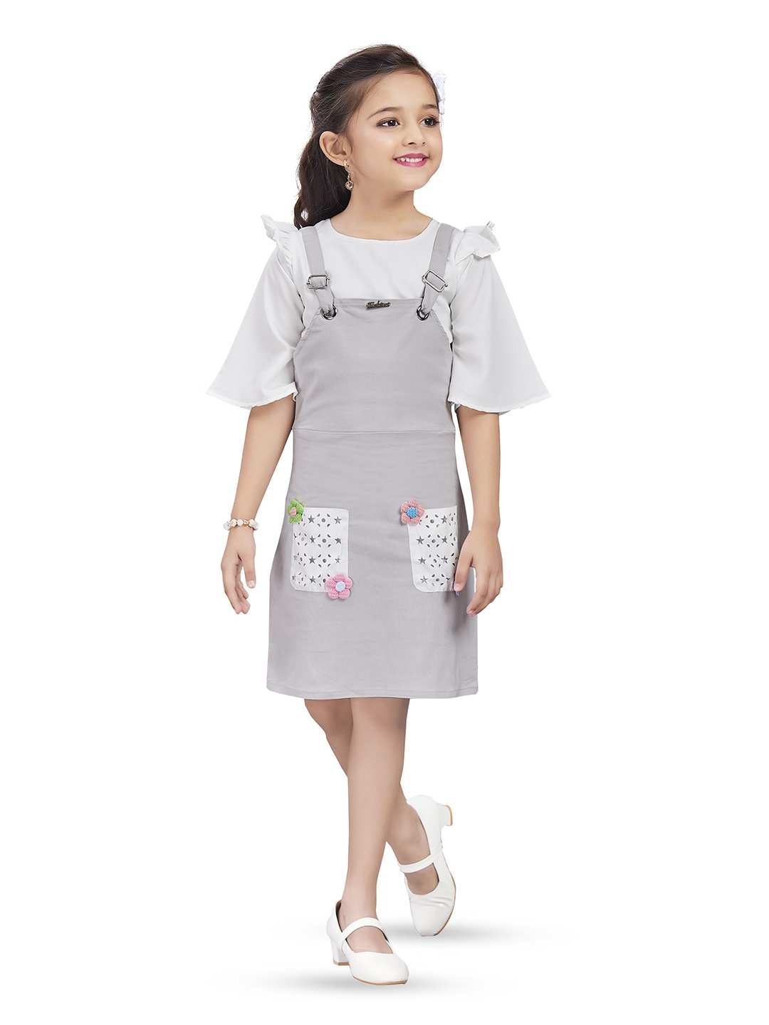 

Wish Karo Shoulder Straps Pinafore Dress With Top, Grey