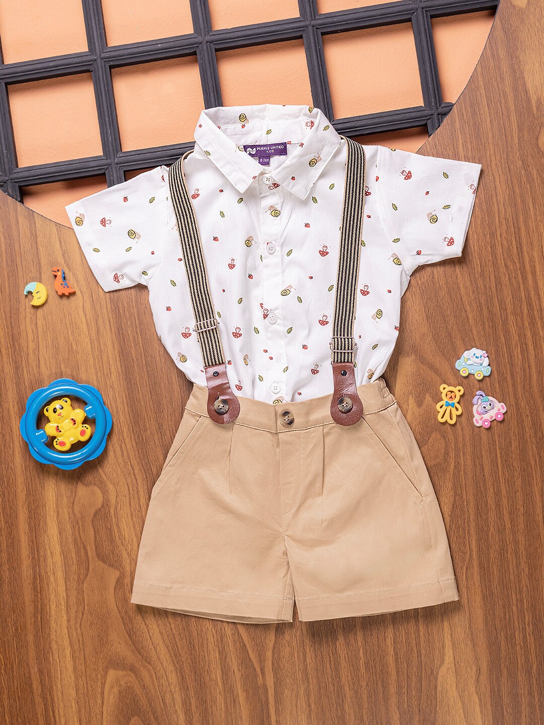 

Purple United Kids Boys Printed Shirt Collar Pure Cotton Shirt with Shorts, White