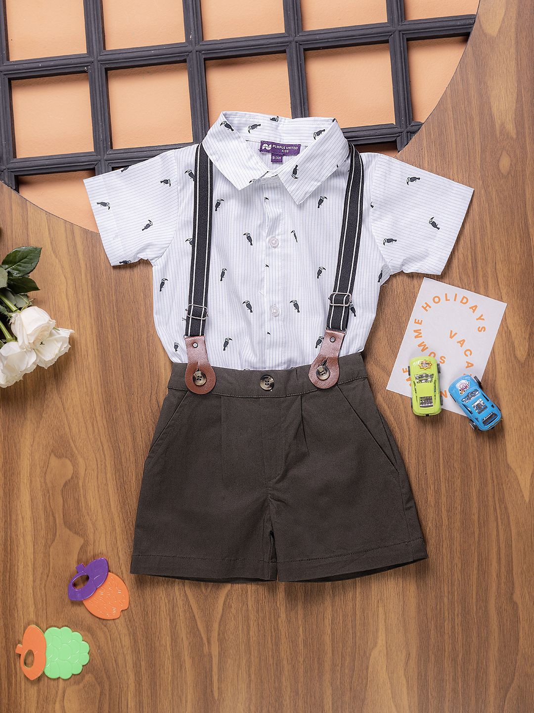 

Purple United Kids Boys Printed Shirt Collar Pure Cotton Shirt with Shorts, Blue