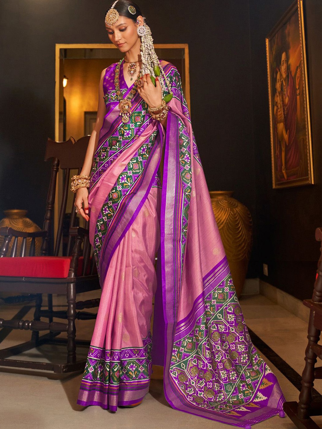 

Anouk Ethnic Motifs Zari Patola Saree, Pink