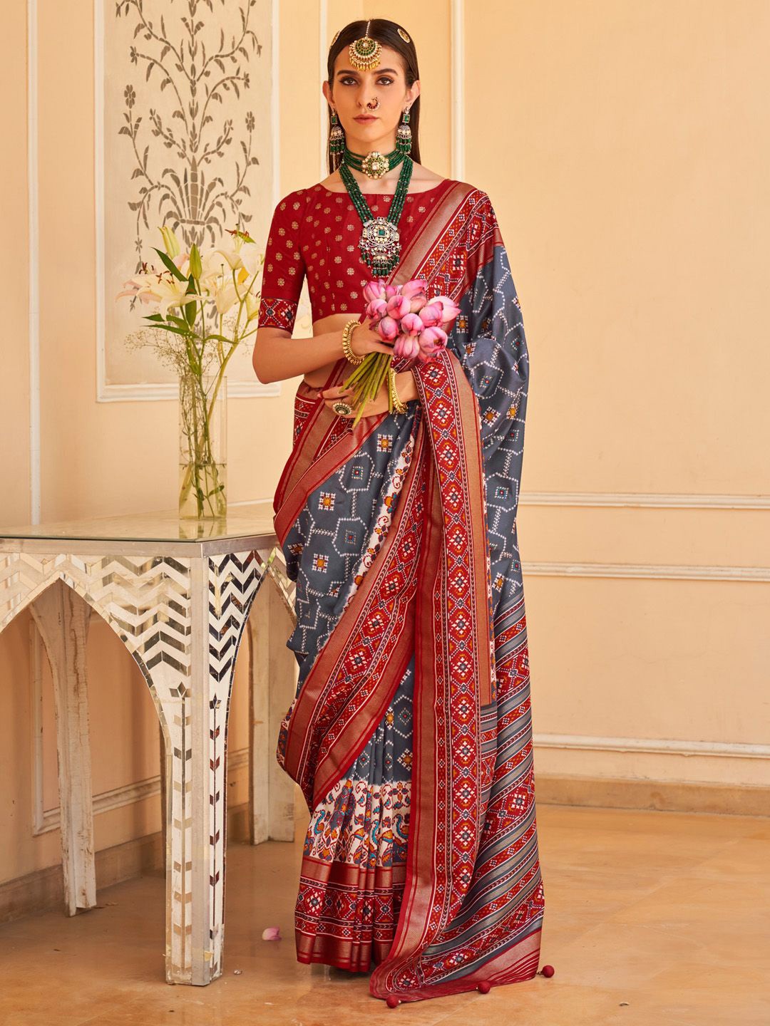 

Anouk Ethnic Motifs Zari Patola Saree, Grey