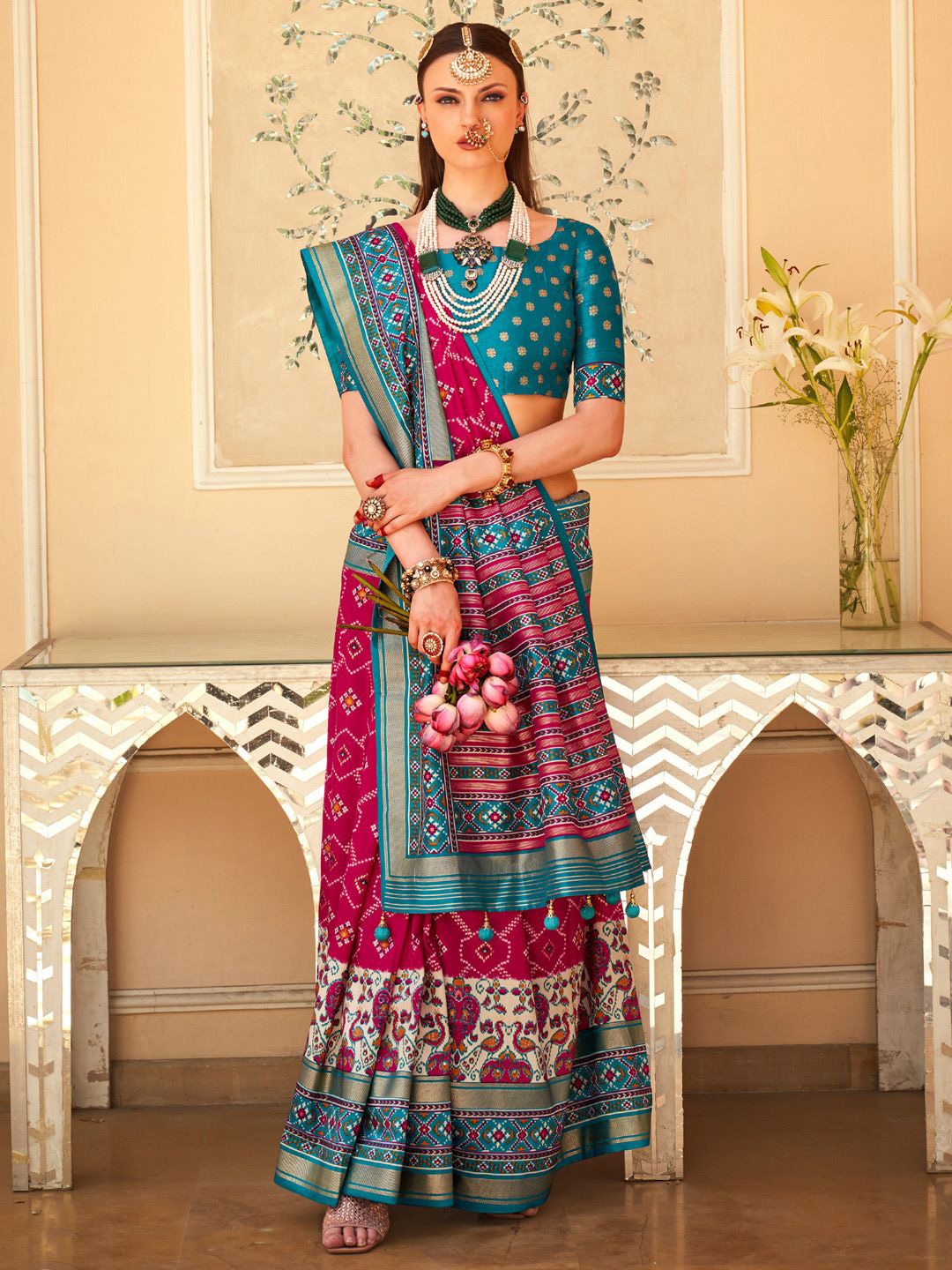 

Anouk Ethnic Motifs Zari Patola Saree, Pink