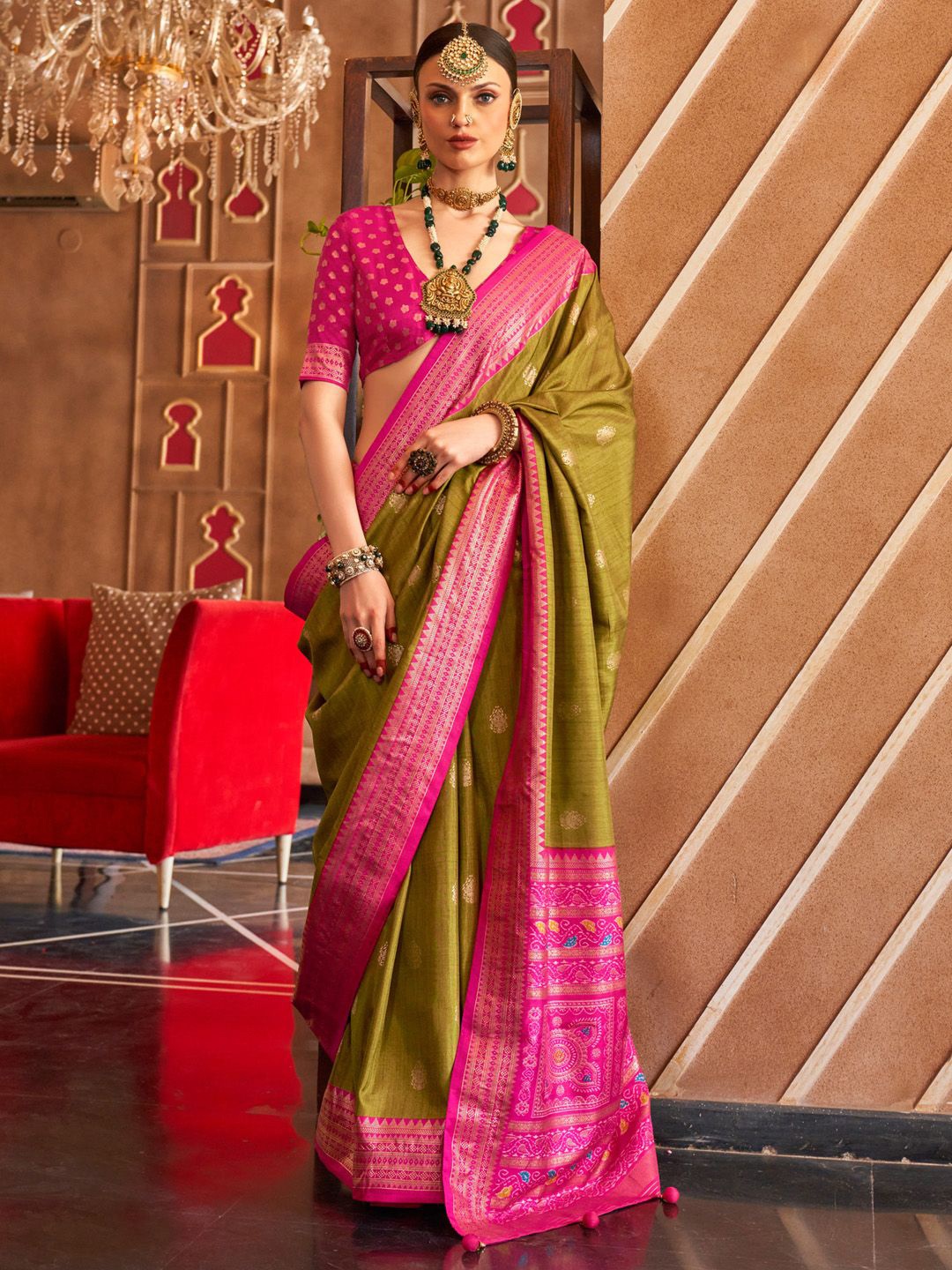 

Anouk Ethnic Motifs Woven Design Zari Patola Saree, Olive