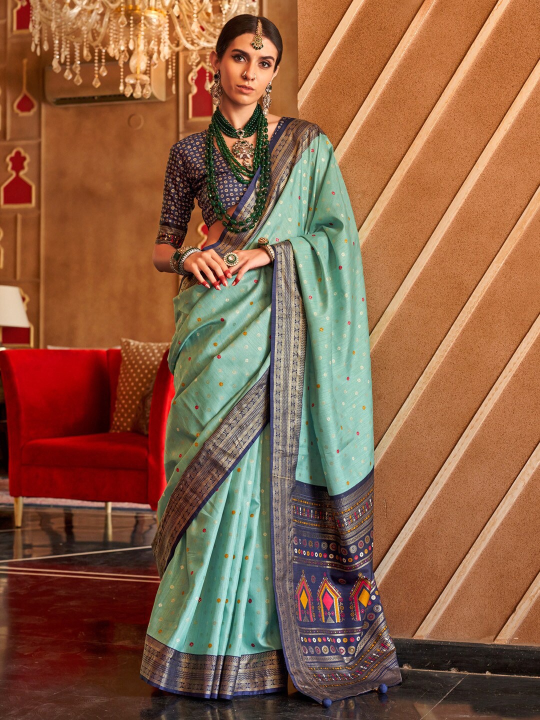 

Anouk Ethnic Motifs Zari Patola Saree, Sea green