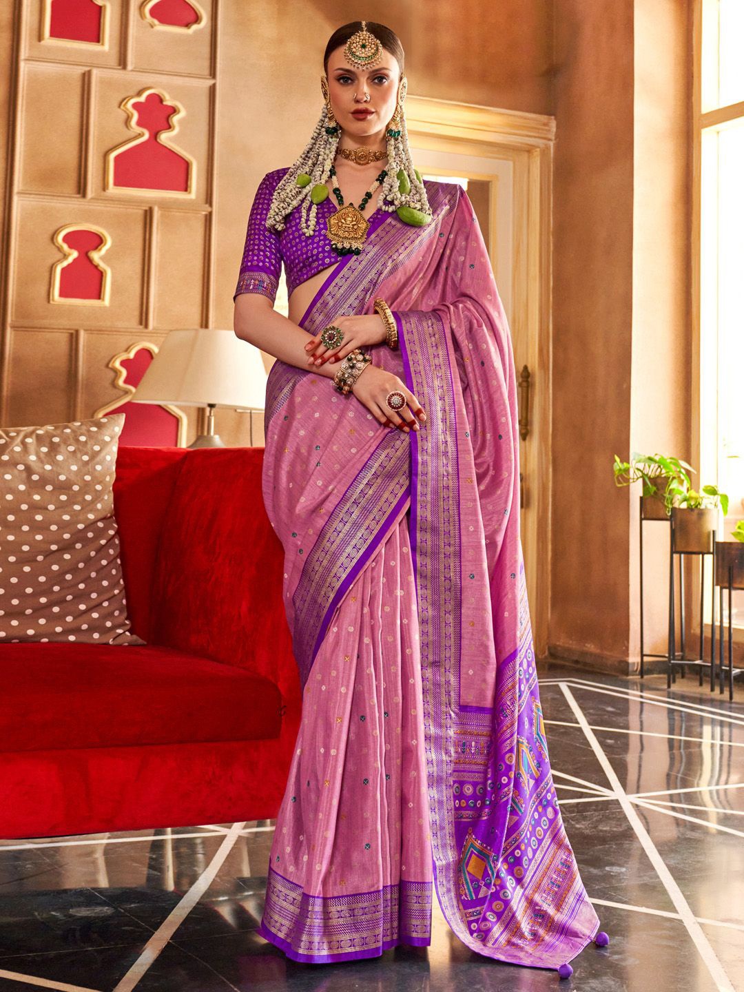 

Anouk Ethnic Motifs Zari Patola Saree, Pink