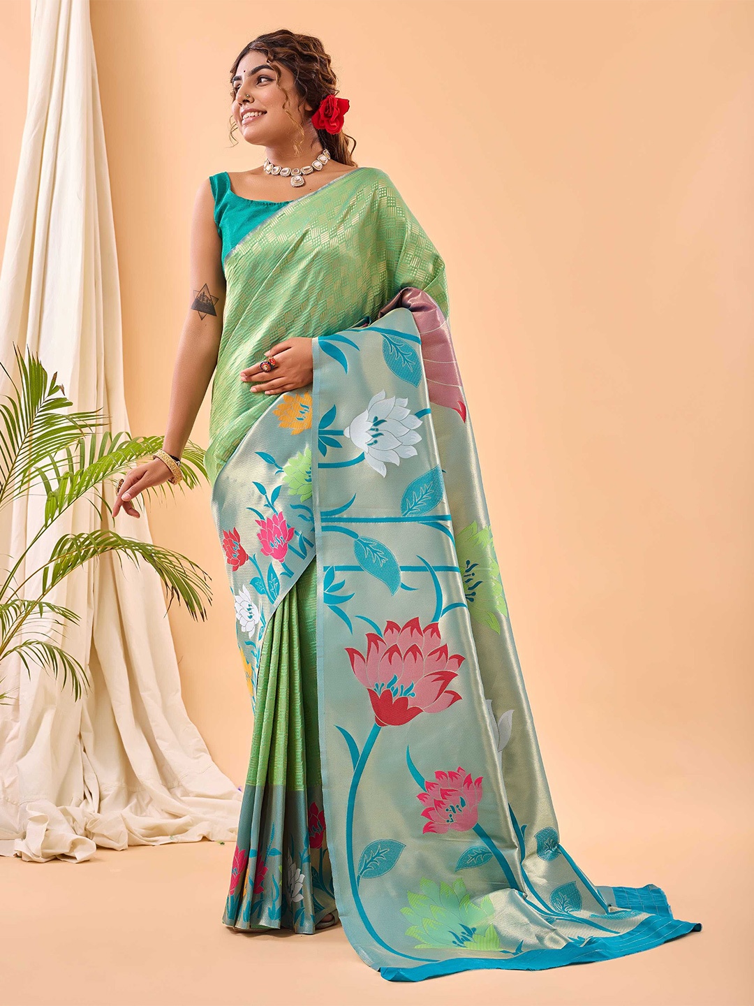 

Mitera Woven Design Zari Paithani Saree, Green