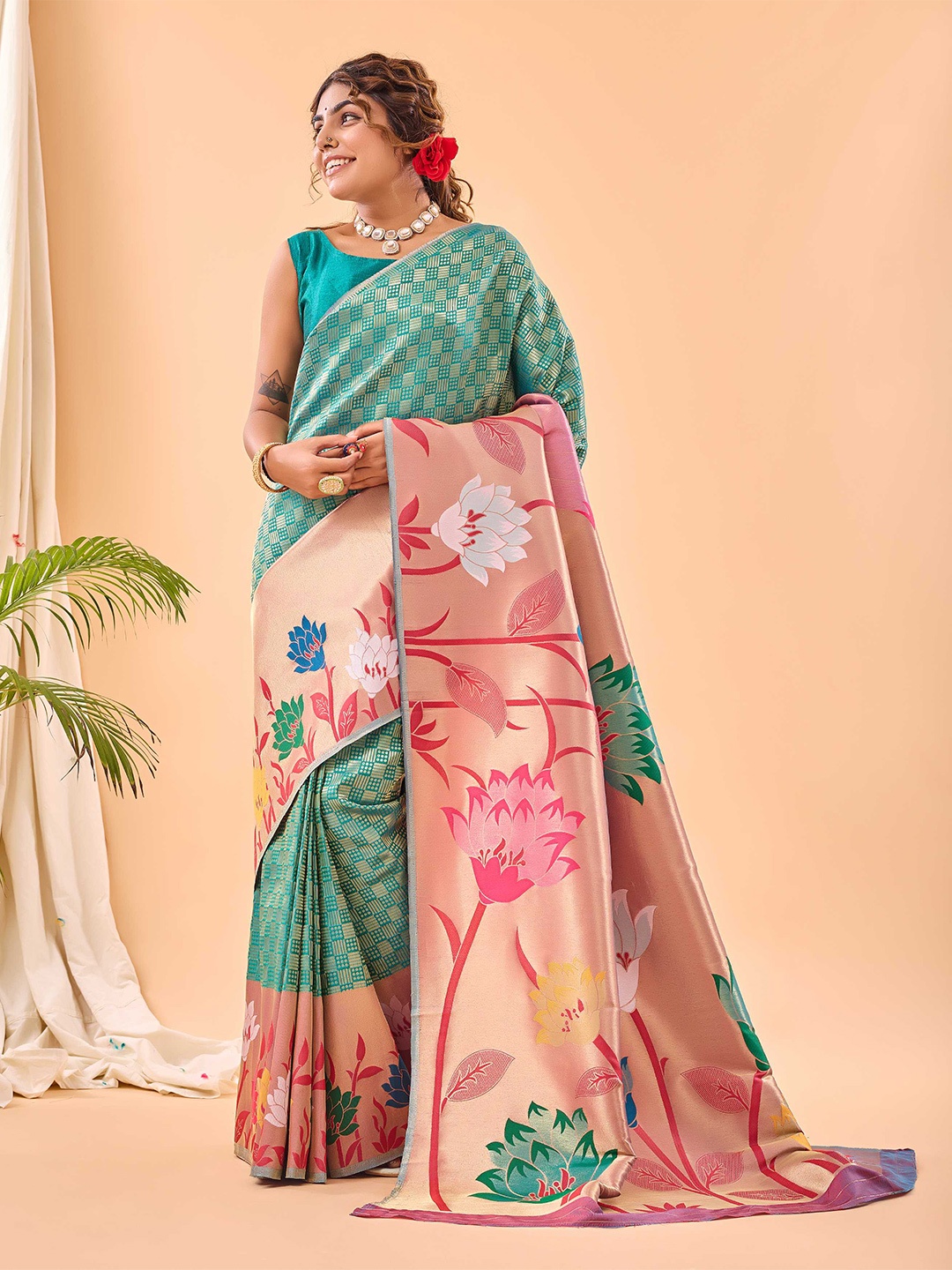 

Mitera Woven Design Zari Paithani Saree, Teal