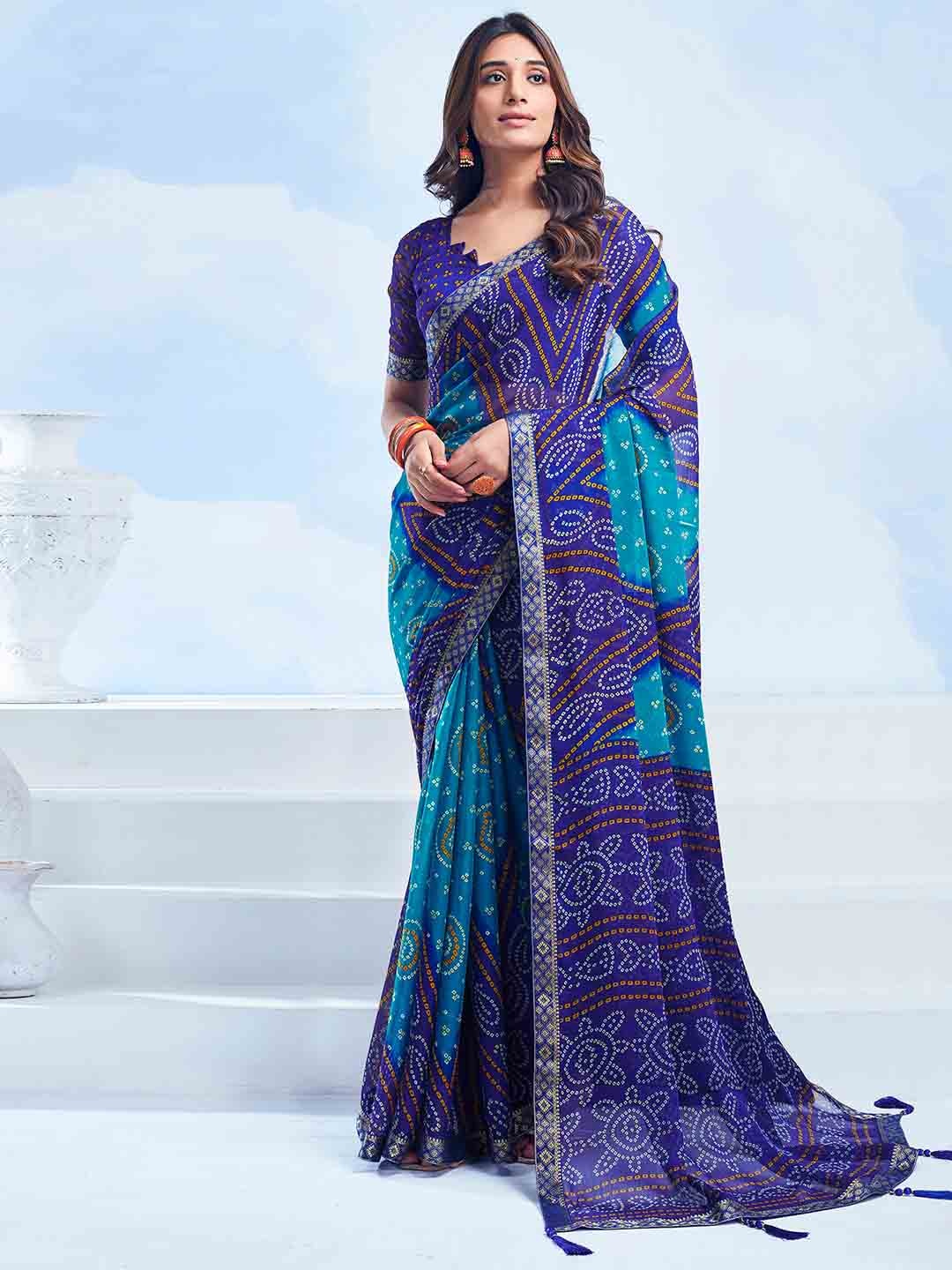 

KALINI Bandhani Zari Pure Chiffon Bandhani Saree, Navy blue