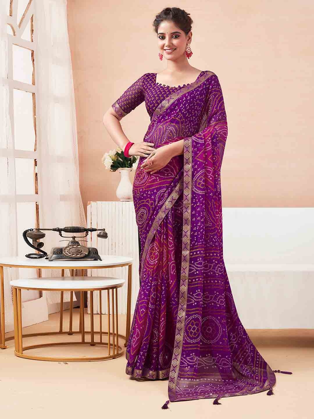 

KALINI Bandhani Zari Pure Chiffon Bandhani Saree, Purple