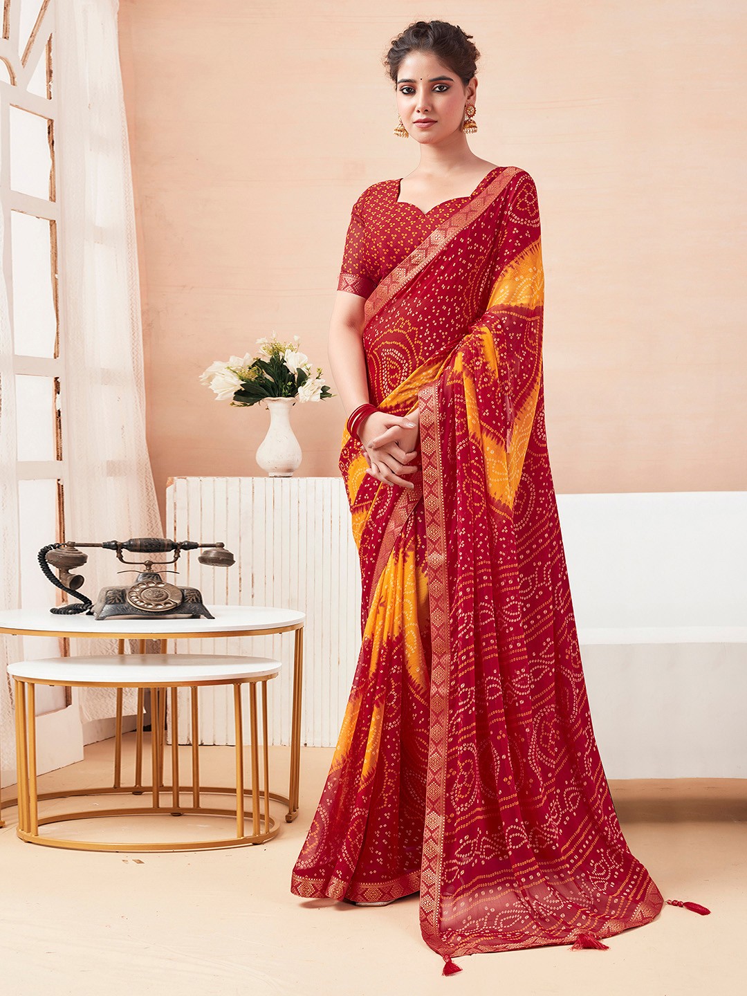 

KALINI Bandhani Pure Chiffon Saree, Red