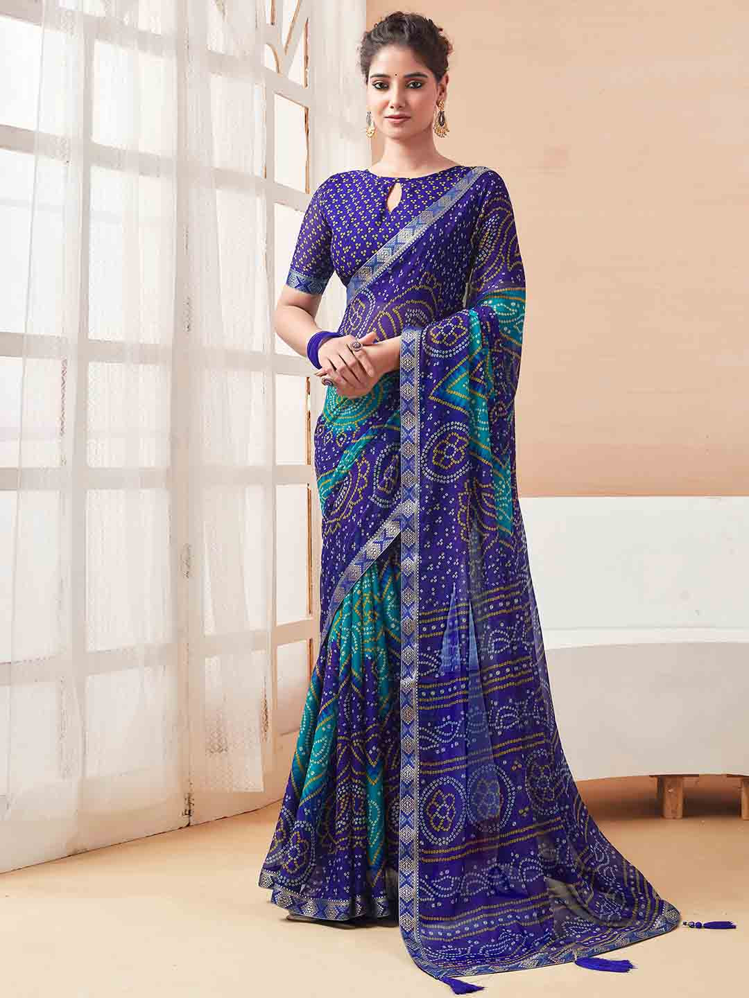 

KALINI Bandhani Zari Pure Chiffon Bandhani Saree, Navy blue