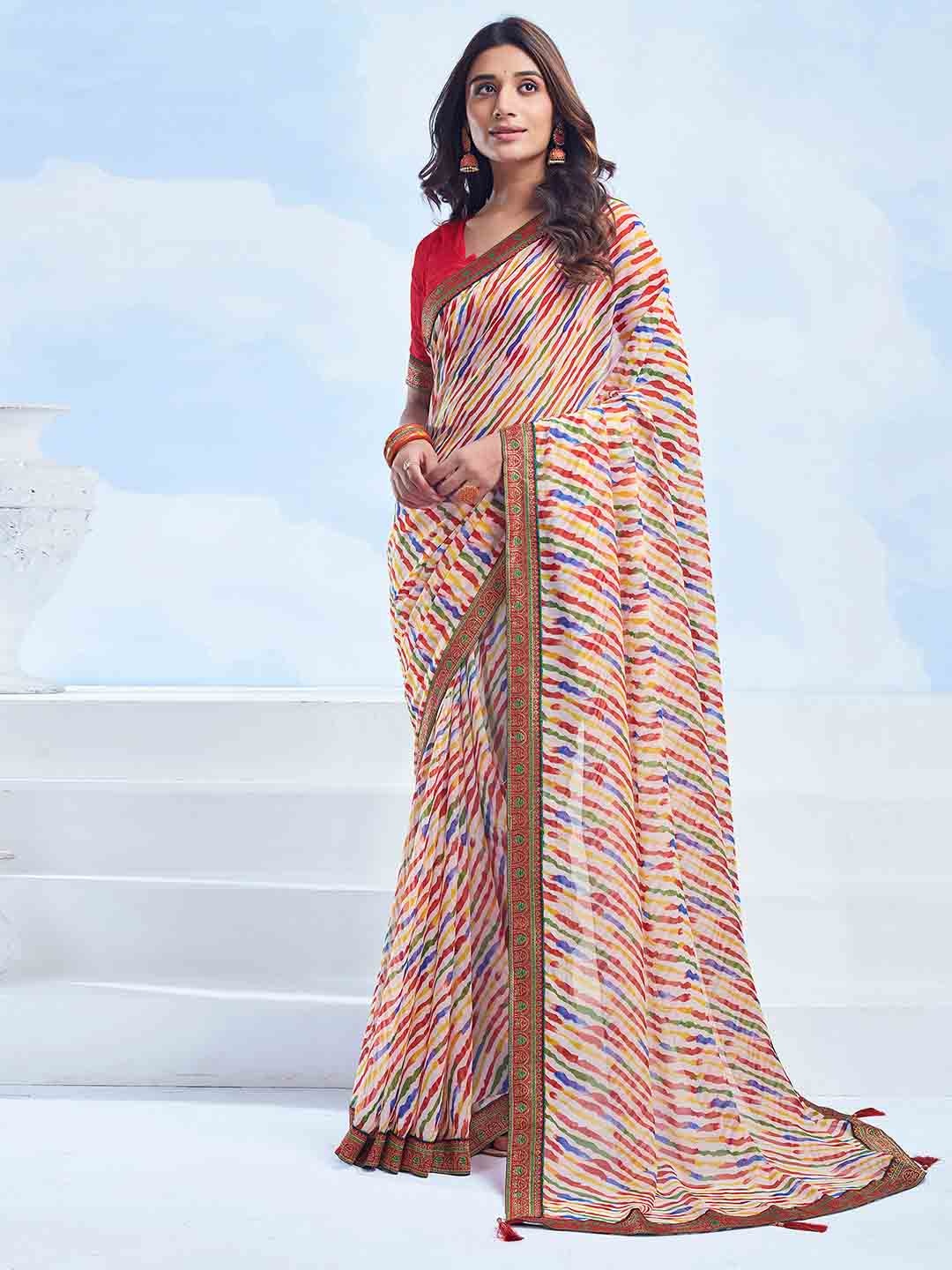 

KALINI Leheriya Zari Pure Chiffon Leheriya Saree, Cream