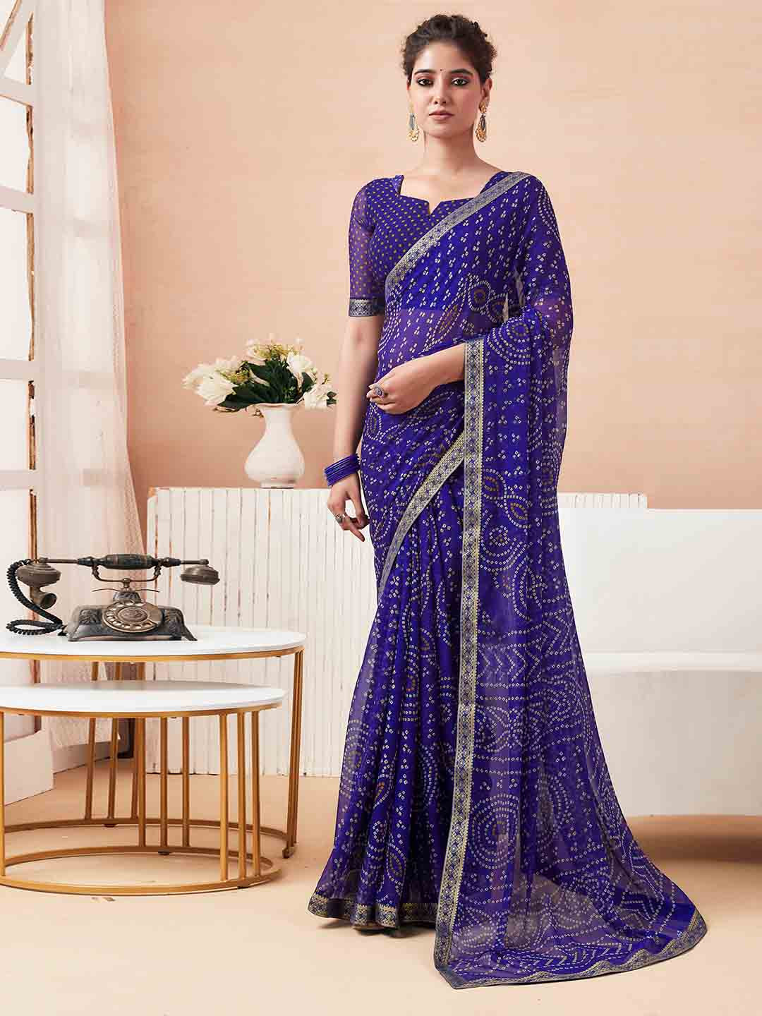 

KALINI Zari Pure Chiffon Bandhani Saree, Navy blue