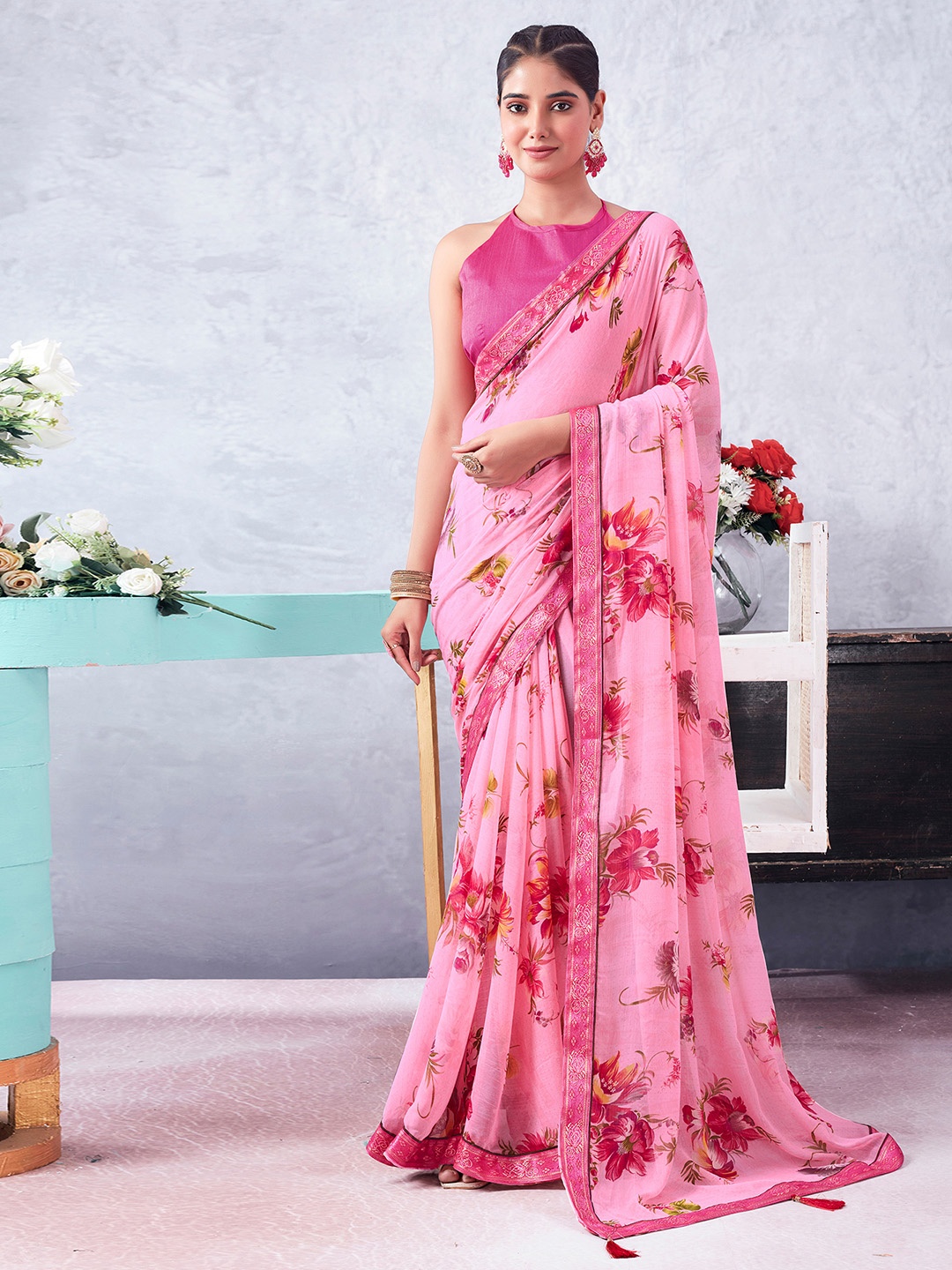 

KALINI Floral Zari Pure Chiffon Saree, Peach