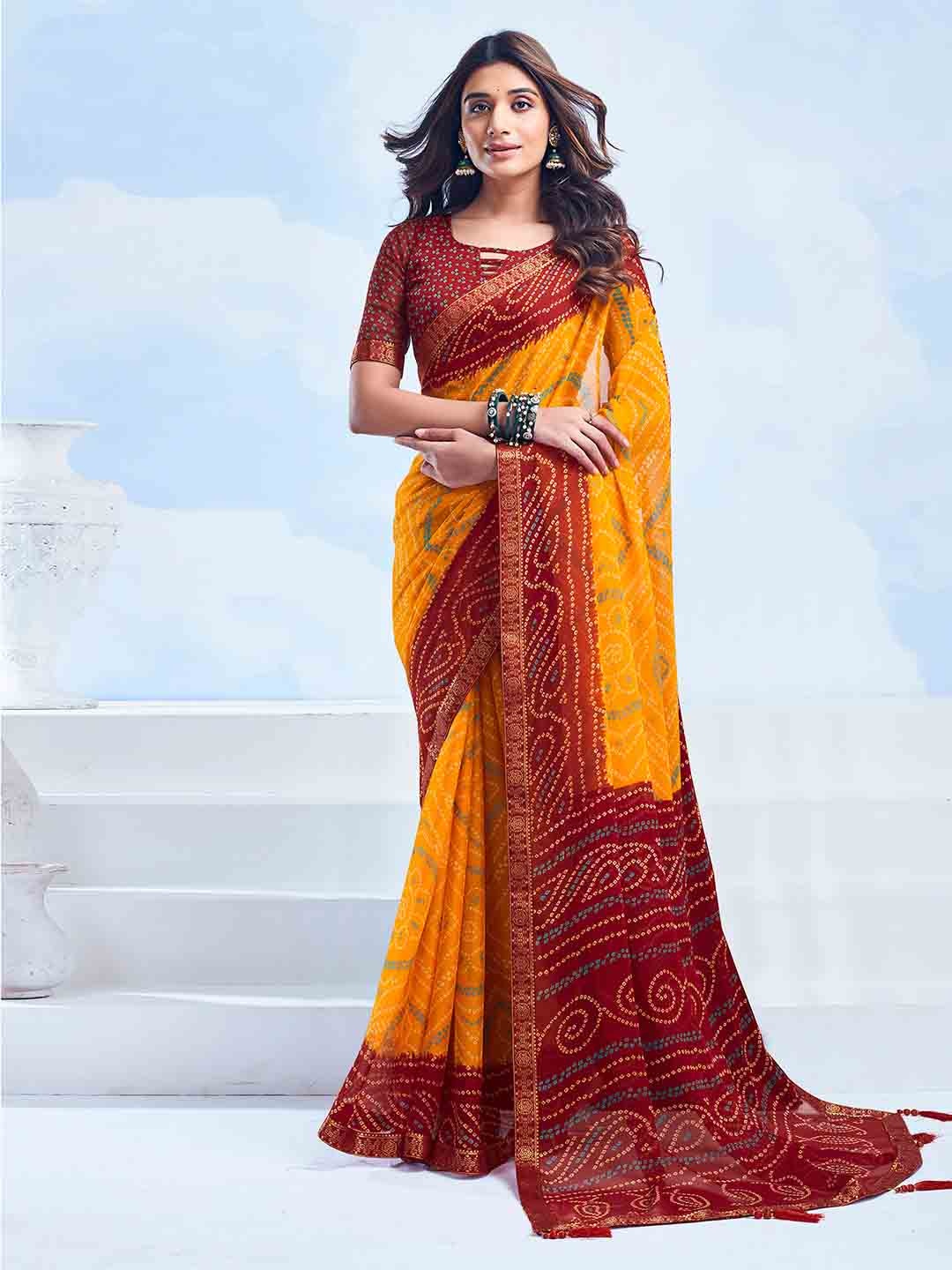 

KALINI Zari Pure Chiffon Bandhani Saree, Maroon