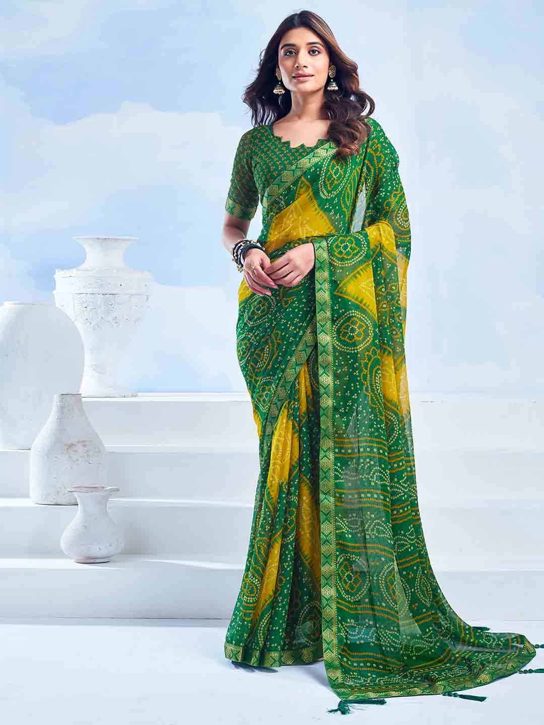 

KALINI Bandhani Zari Pure Chiffon Bandhani Saree, Green