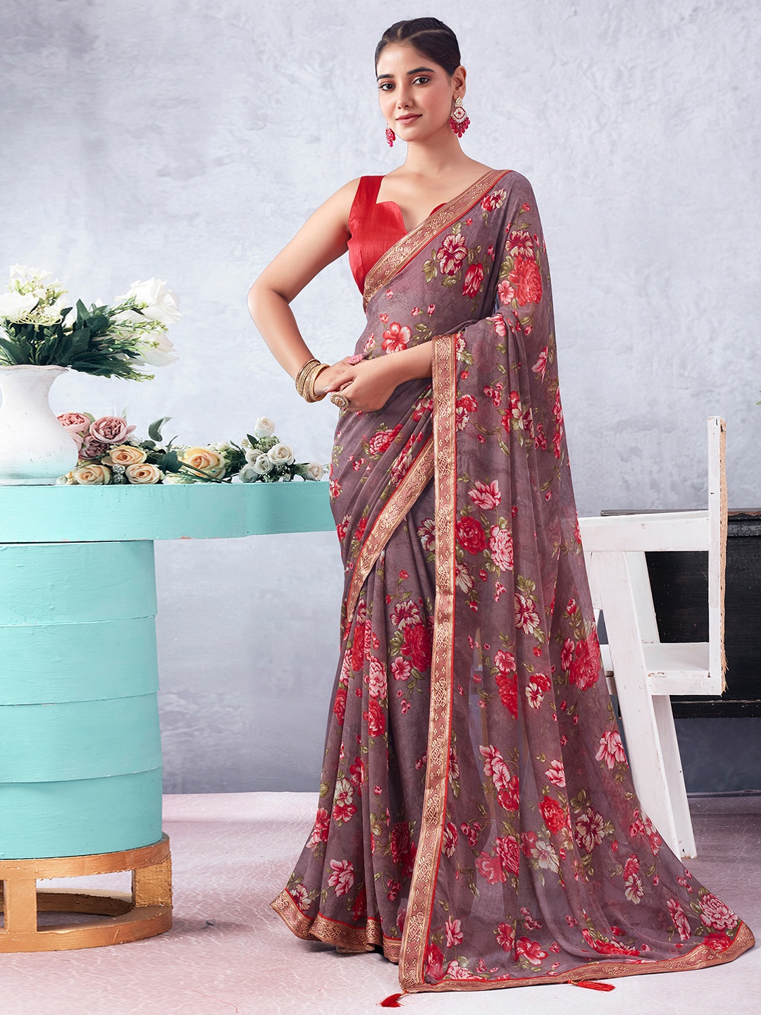 

KALINI Floral Zari Pure Chiffon Saree, Mauve