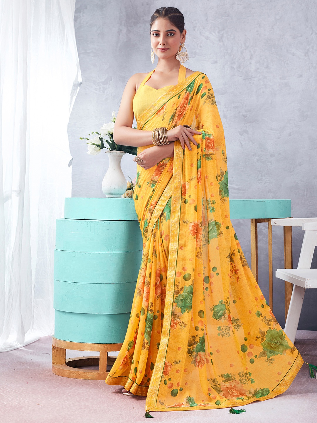 

KALINI Floral Pure Chiffon Saree, Yellow