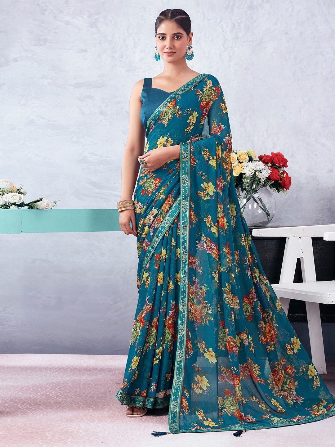 

KALINI Floral Zari Pure Chiffon Saree, Teal