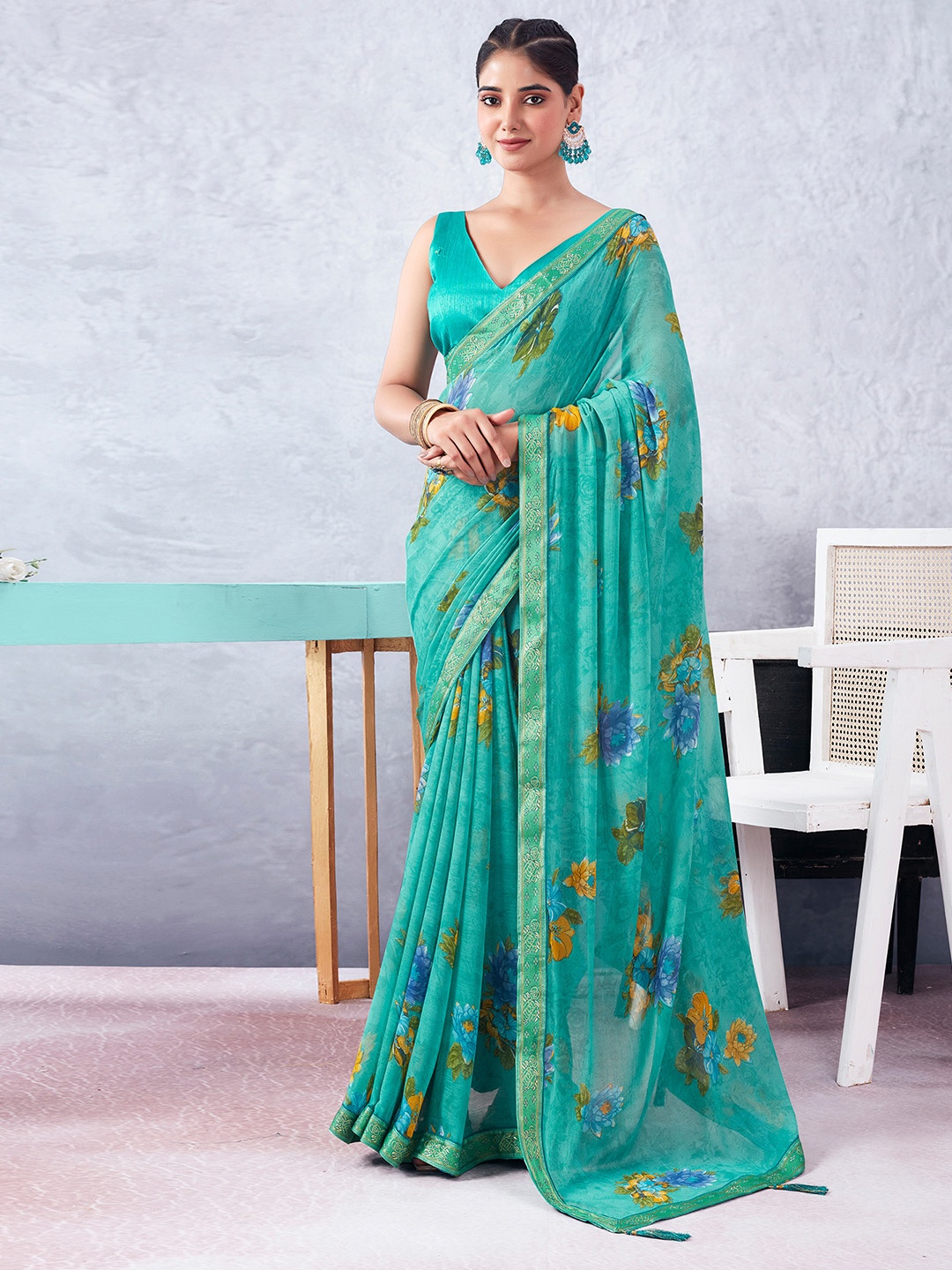 

KALINI Floral Embroidered Pure Chiffon Saree, Turquoise blue