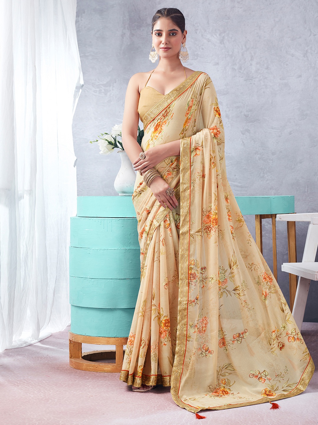 

KALINI Floral Zari Pure Chiffon Saree, Beige