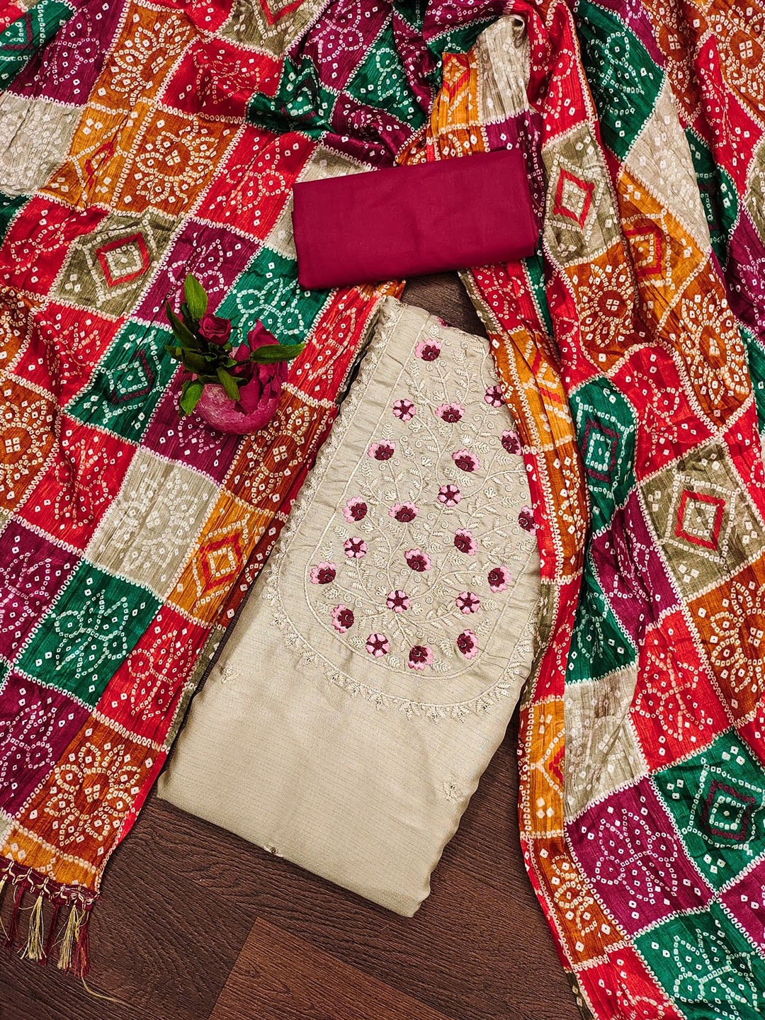 

LeeliPeeri Designer Ethnic Motifs Embroidered Unstitched Dress Material, Beige