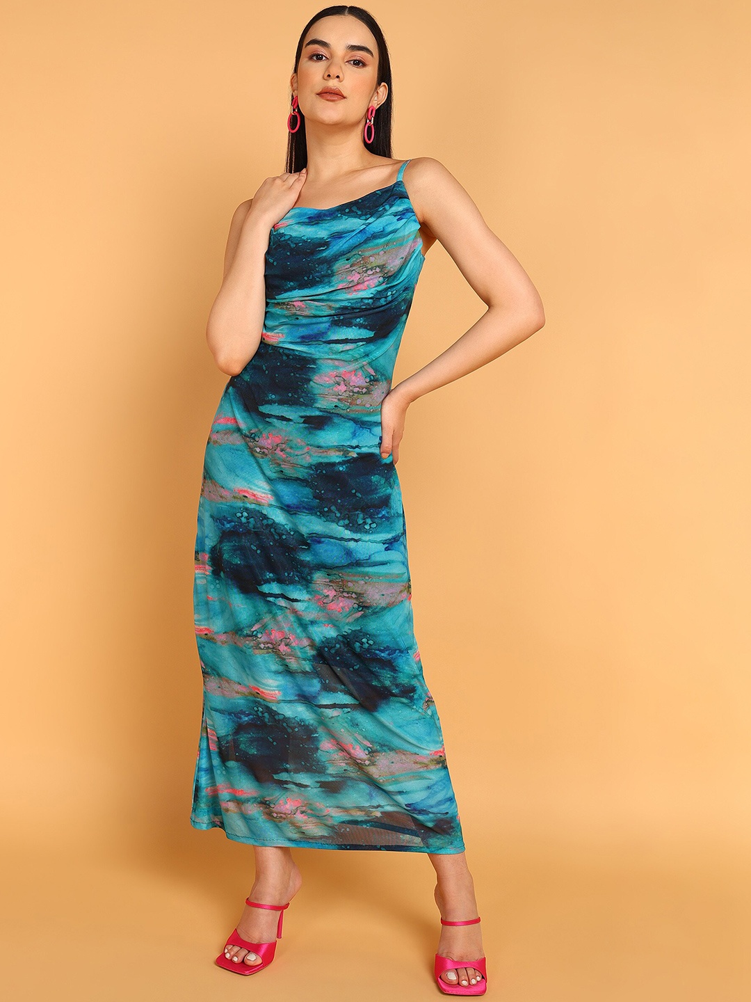 

Murcia Cowl Neck Printed Sheath Maxi Dress, Blue