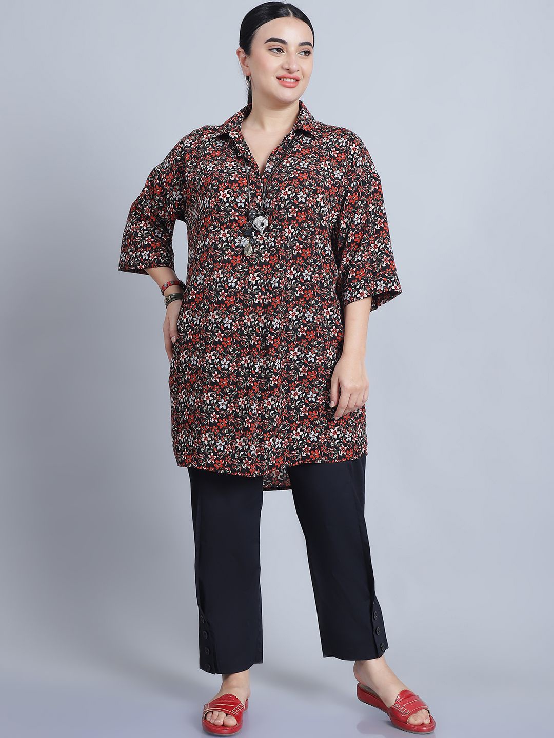 

Baawri Floral Printed Shirt Style Longline Shirt Style Top, Red